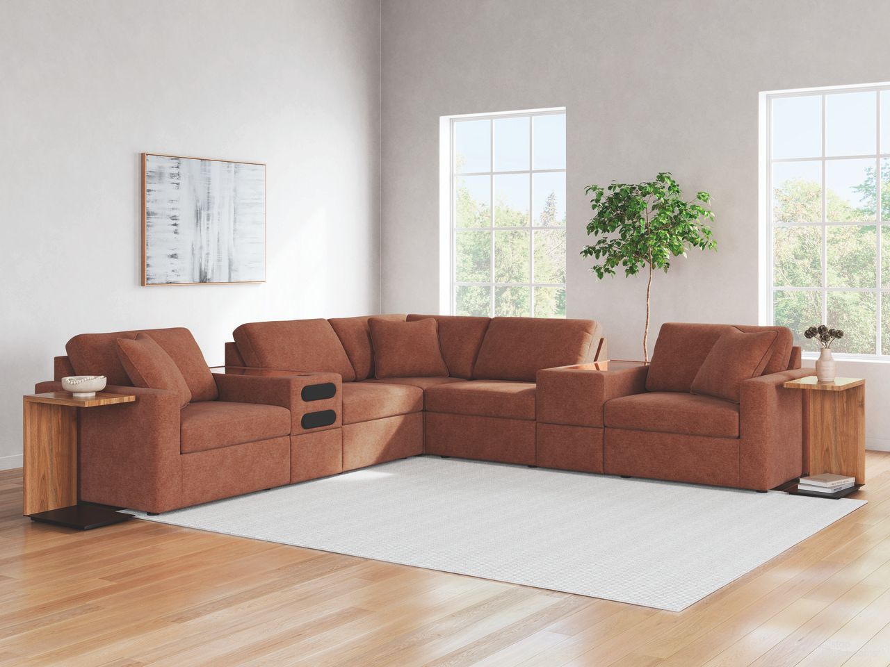 The appearance of Modmax 7-Piece Balanced Sectional with Audio and Storage Consoles In Spice designed by Signature Design by Ashley in the modern / contemporary interior design. This spice piece of furniture was selected by 1StopBedrooms from Modmax Collection to add a touch of cosiness and style into your home. Sku: 9210264;9210246;9210246;9210257;9210277;9210227;9210265. Material: Performance Fabric. Layout: L-Shape.