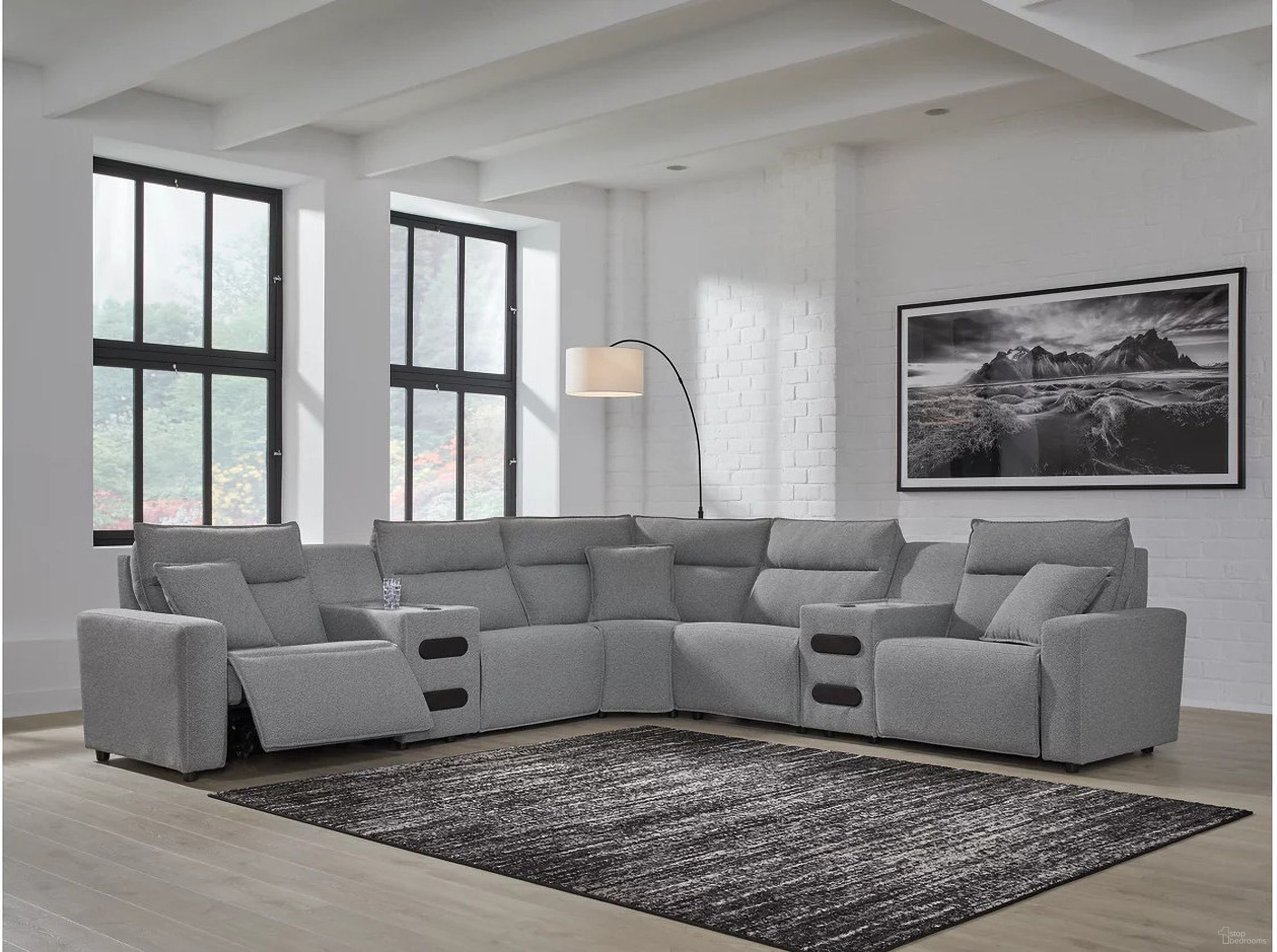 The appearance of Modmax 7-Piece Power Reclining Sectional with Chaise In Salt and Pepper designed by Signature Design by Ashley in the modern / contemporary interior design. This salt & pepper piece of furniture was selected by 1StopBedrooms from Modmax Collection to add a touch of cosiness and style into your home. Sku: 6590658;6590631;6590646;6590660;6590660;6590677;6590662. Material: Polyester. Layout: L-Shape.