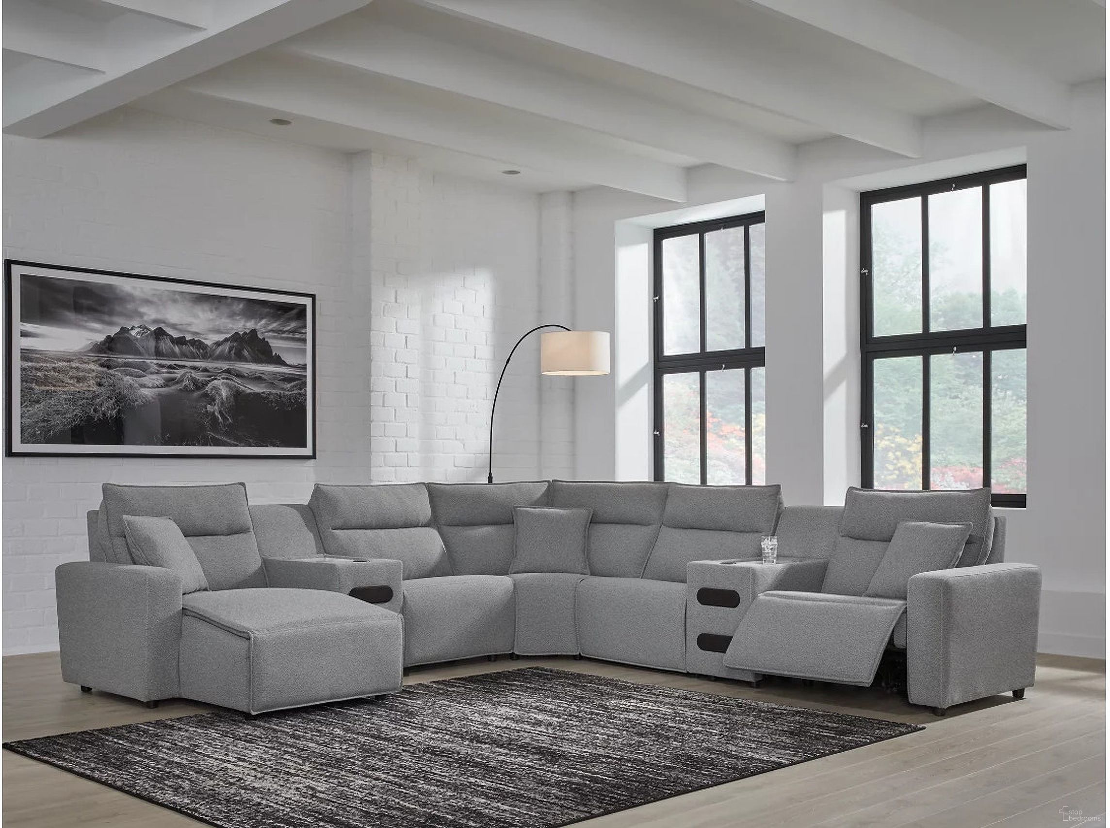 The appearance of Modmax 7-Piece Power Reclining Sectional with LAF Chaise In Salt and Pepper designed by Signature Design by Ashley in the modern / contemporary interior design. This salt & pepper piece of furniture was selected by 1StopBedrooms from Modmax Collection to add a touch of cosiness and style into your home. Sku: 6590679;6590631;6590646;6590660;6590660;6590677;6590662. Material: Polyester. Layout: L-Shape. Orientation: LAF.