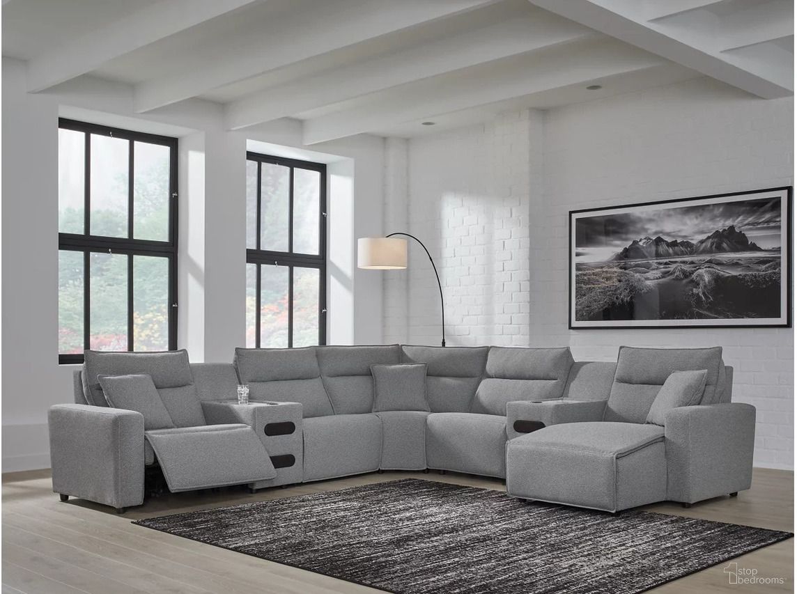 The appearance of Modmax 7-Piece Power Reclining Sectional with RAF Chaise In Salt and Pepper designed by Signature Design by Ashley in the modern / contemporary interior design. This salt & pepper piece of furniture was selected by 1StopBedrooms from Modmax Collection to add a touch of cosiness and style into your home. Sku: 6590658;6590631;6590646;6590660;6590660;6590677;6590697. Material: Polyester. Layout: L-Shape. Orientation: RAF.