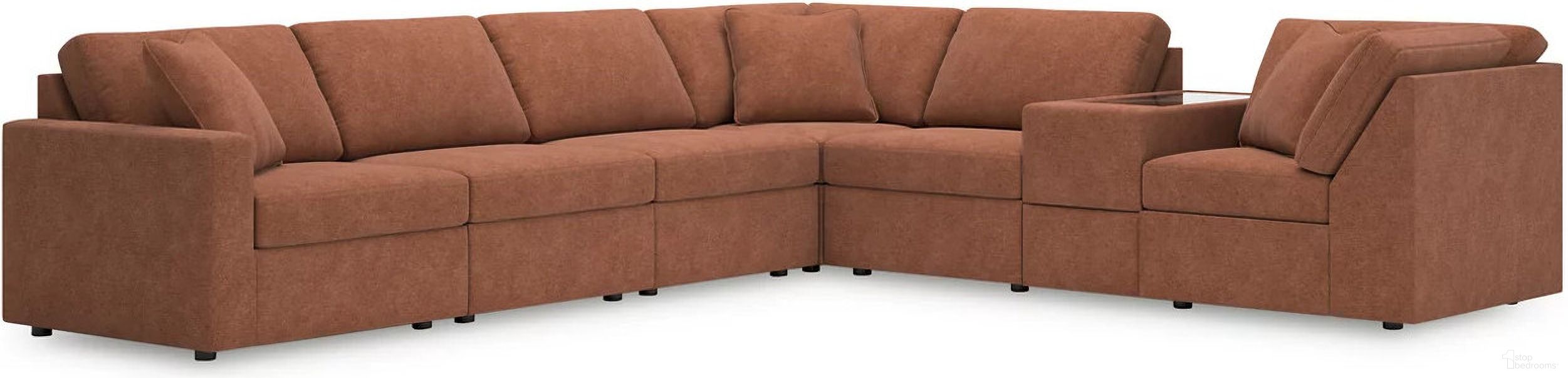 The appearance of Modmax 7-Piece RAF Sectional with Storage Console In Spice designed by Signature Design by Ashley in the modern / contemporary interior design. This spice piece of furniture was selected by 1StopBedrooms from Modmax Collection to add a touch of cosiness and style into your home. Sku: 9210246;9210246;9210246;9210257;9210277;9210277;9210265. Material: Performance Fabric. Layout: L-Shape. Orientation: RAF.