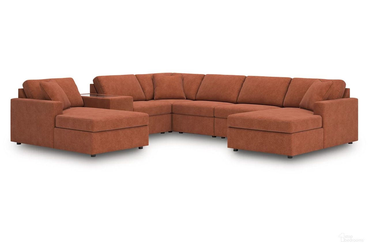 The appearance of Modmax 7-Piece Sectional with Console In Spice designed by Signature Design by Ashley in the modern / contemporary interior design. This spice piece of furniture was selected by 1StopBedrooms from Modmax Collection to add a touch of cosiness and style into your home. Sku: 9210216;9210246;9210246;9210246;9210257;9210277;9210217. Material: Performance Fabric. Layout: Modular.