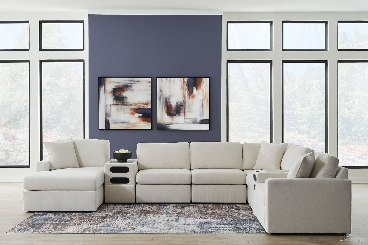 The appearance of Modmax 8-Piece LAF Sectional with Audio System and Chaise In Oyster designed by Signature Design by Ashley in the modern / contemporary interior design. This oyster piece of furniture was selected by 1StopBedrooms from Modmax Collection to add a touch of cosiness and style into your home. Sku: 9210316;9210346;9210346;9210346;9210327;9210327;9210377;9210365. Material: Performance Fabric. Layout: U-Shape. Orientation: LAF.
