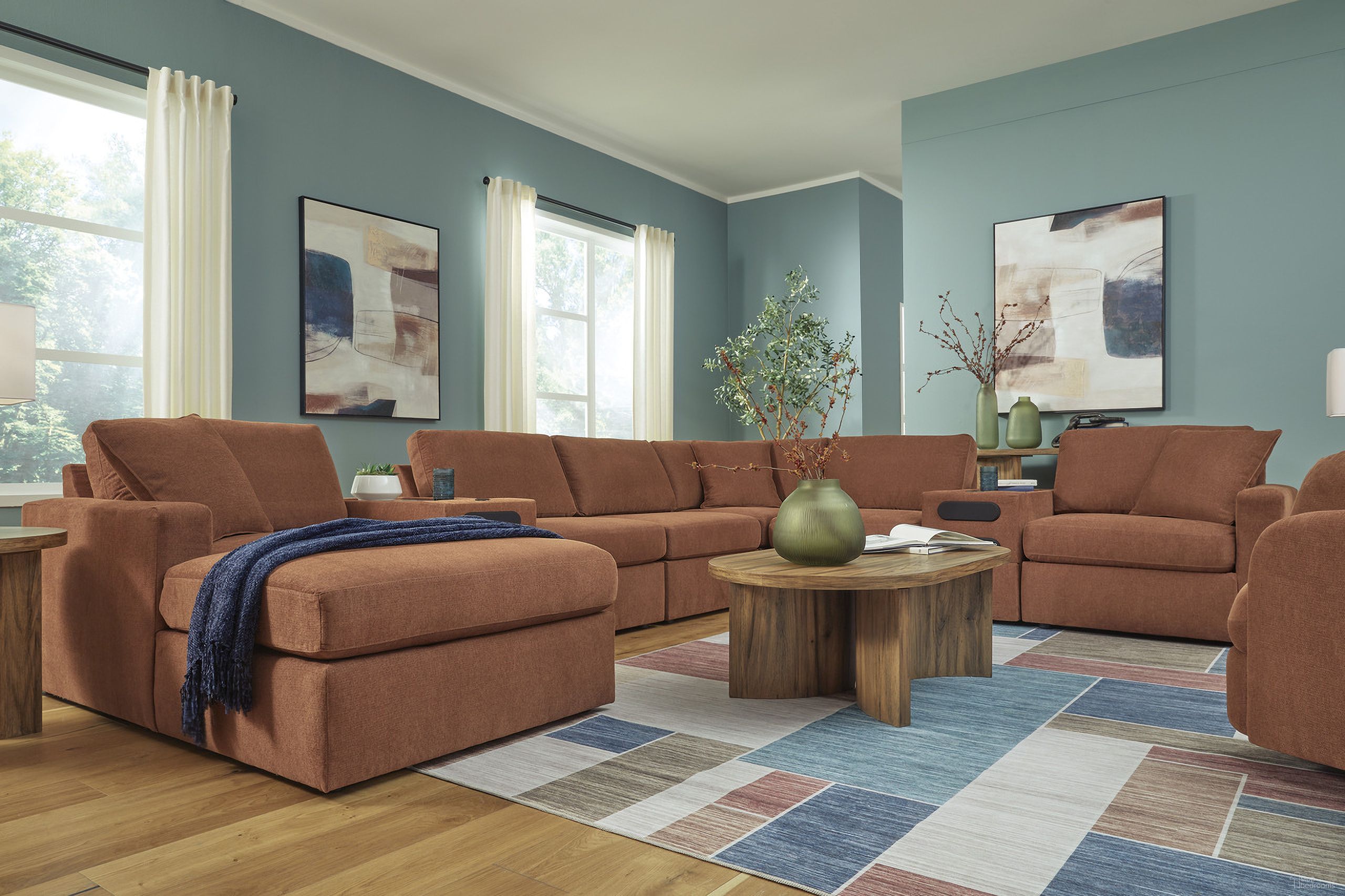 The appearance of Modmax 8-Piece LAF Sectional with Audio System and Chaise In Spice designed by Signature Design by Ashley in the modern / contemporary interior design. This spice piece of furniture was selected by 1StopBedrooms from Modmax Collection to add a touch of cosiness and style into your home. Sku: 9210216;9210246;9210246;9210246;9210227;9210227;9210277;9210265. Material: Polyester. Layout: U-Shape. Orientation: LAF.