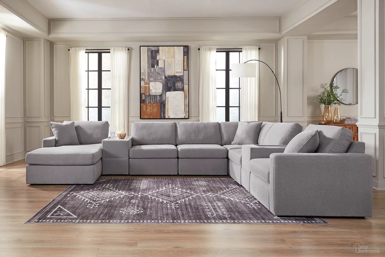 The appearance of Modmax 8-Piece LAF Sectional with Storage Console In Granite designed by Signature Design by Ashley in the modern / contemporary interior design. This granite piece of furniture was selected by 1StopBedrooms from Modmax Collection to add a touch of cosiness and style into your home. Sku: 9210416;9210446;9210446;9210446;9210457;9210457;9210477;9210465. Material: Performance Fabric. Layout: U-Shape. Orientation: LAF.