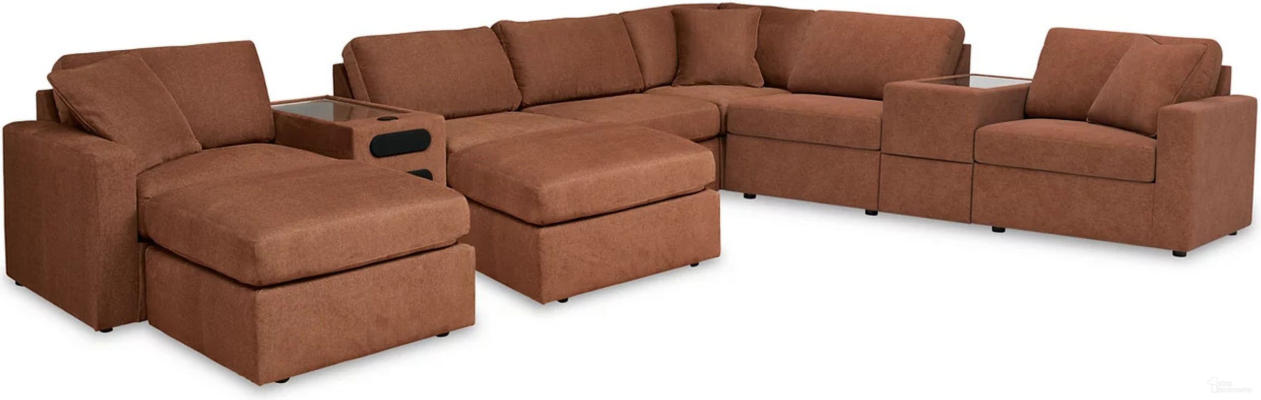 The appearance of Modmax 8-Piece Sectional and 2 Ottomans In Spice designed by Signature Design by Ashley in the modern / contemporary interior design. This spice piece of furniture  was selected by 1StopBedrooms from Modmax Collection to add a touch of cosiness and style into your home. Sku: 9210264;9210246;9210246;9210246;9210227;9210257;9210208;9210208;9210277;9210265. Material: Performance Fabric. Layout: Modular.