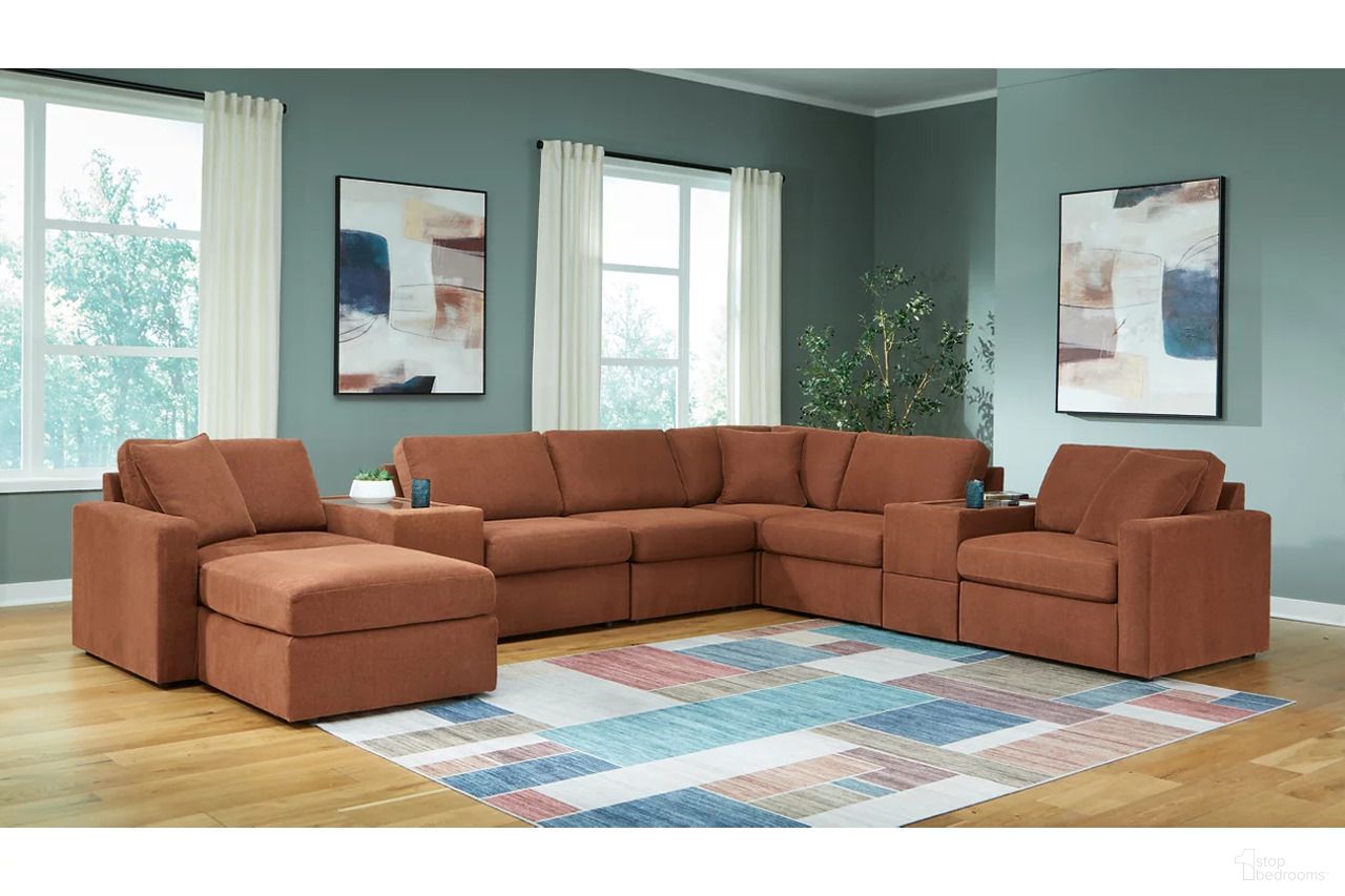 The appearance of Modmax 8-Piece Sectional and Ottoman In Spice designed by Signature Design by Ashley in the modern / contemporary interior design. This spice piece of furniture  was selected by 1StopBedrooms from Modmax Collection to add a touch of cosiness and style into your home. Sku: 9210264;9210208;9210246;9210246;9210246;9210257;9210257;9210277;9210265. Material: Performance Fabric.