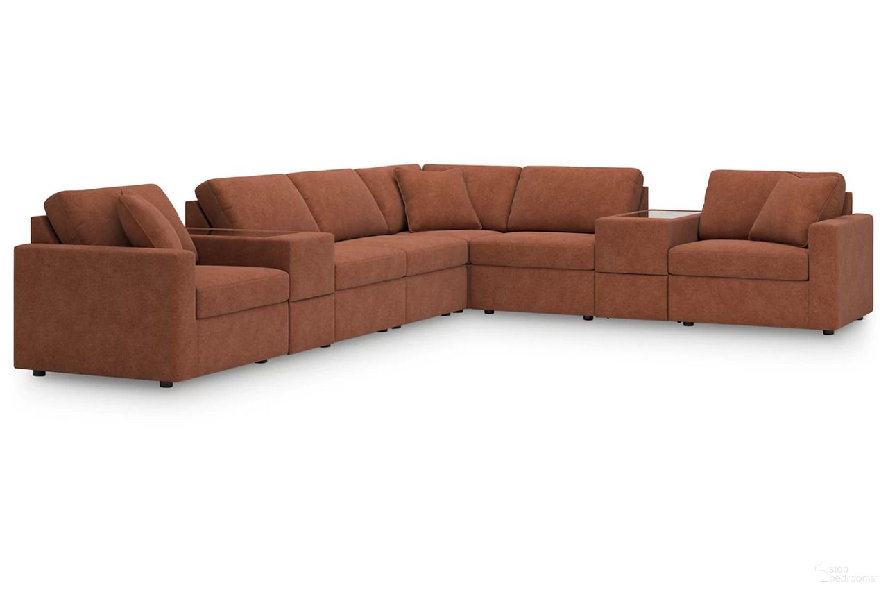 The appearance of Modmax 8-Piece Sectional In Spice designed by Signature Design by Ashley in the modern / contemporary interior design. This spice piece of furniture was selected by 1StopBedrooms from Modmax Collection to add a touch of cosiness and style into your home. Sku: 9210264;9210246;9210246;9210246;9210257;9210257;9210277;9210265. Material: Performance Fabric. Layout: U-Shape.