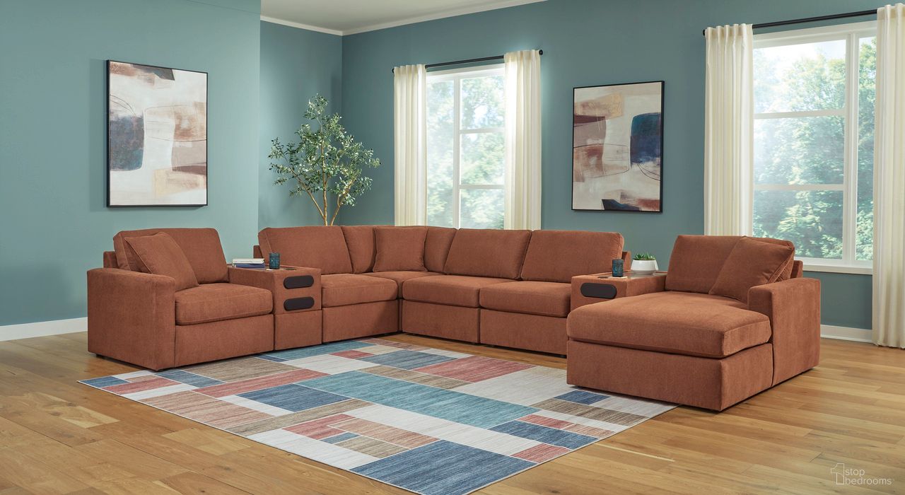 The appearance of Modmax 8-Piece Sectional with Audio System and Chaise In Spice designed by Signature Design by Ashley in the modern / contemporary interior design. This spice piece of furniture was selected by 1StopBedrooms from Modmax Collection to add a touch of cosiness and style into your home. Sku: 9210264;9210246;9210246;9210246;9210227;9210227;9210277;9210217. Material: Performance Fabric. Layout: U-Shape. Orientation: RAF.