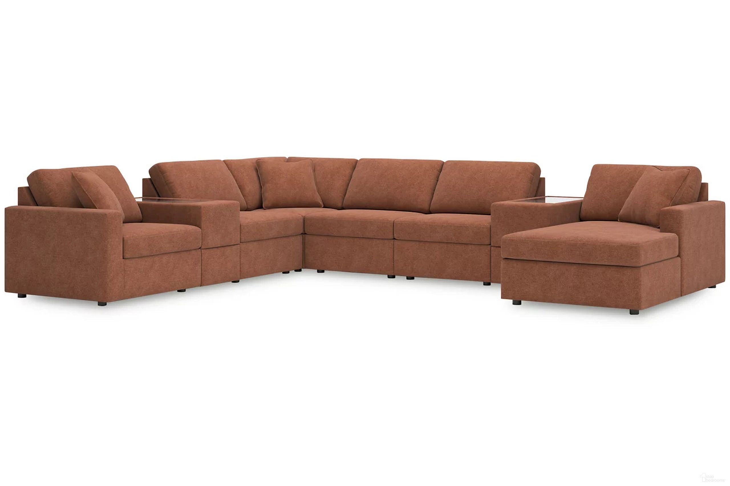 The appearance of Modmax 8-Piece Sectional with Chaise In Spice designed by Signature Design by Ashley in the modern / contemporary interior design. This spice piece of furniture was selected by 1StopBedrooms from Modmax Collection to add a touch of cosiness and style into your home. Sku: 9210264;9210246;9210246;9210246;9210257;9210257;9210277;9210217. Material: Performance Fabric. Layout: U-Shape. Orientation: RAF.