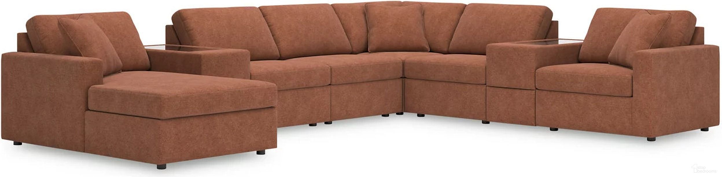 The appearance of Modmax 8-Piece Sectional with Storage Console In Spice designed by Signature Design by Ashley in the modern / contemporary interior design. This spice piece of furniture  was selected by 1StopBedrooms from Modmax Collection to add a touch of cosiness and style into your home. Sku: 9210216;9210246;9210246;9210246;9210257;9210257;9210277;9210265. Material: Performance Fabric. Layout: U-Shape. Orientation: LAF.