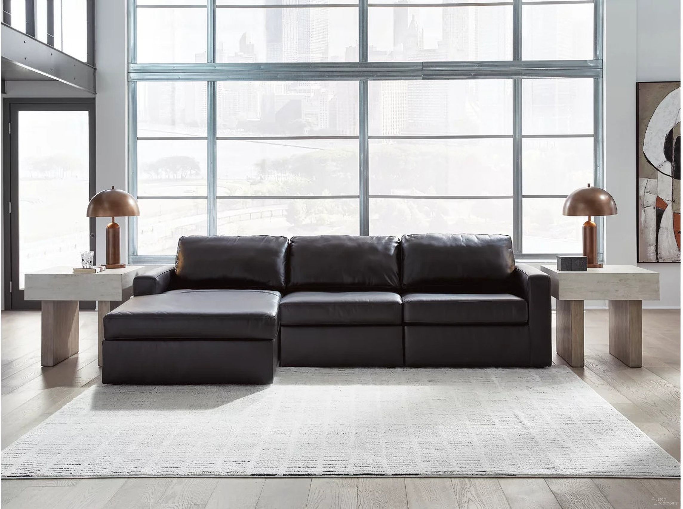 The appearance of ModMax II 3-Piece LAF Sectional Sofa Chaise In Black designed by Signature Design by Ashley in the modern / contemporary interior design. This black piece of furniture  was selected by 1StopBedrooms from ModMax II Collection to add a touch of cosiness and style into your home. Sku: 7430516;7430546;7430565. Material: Leather. Orientation: LAF.