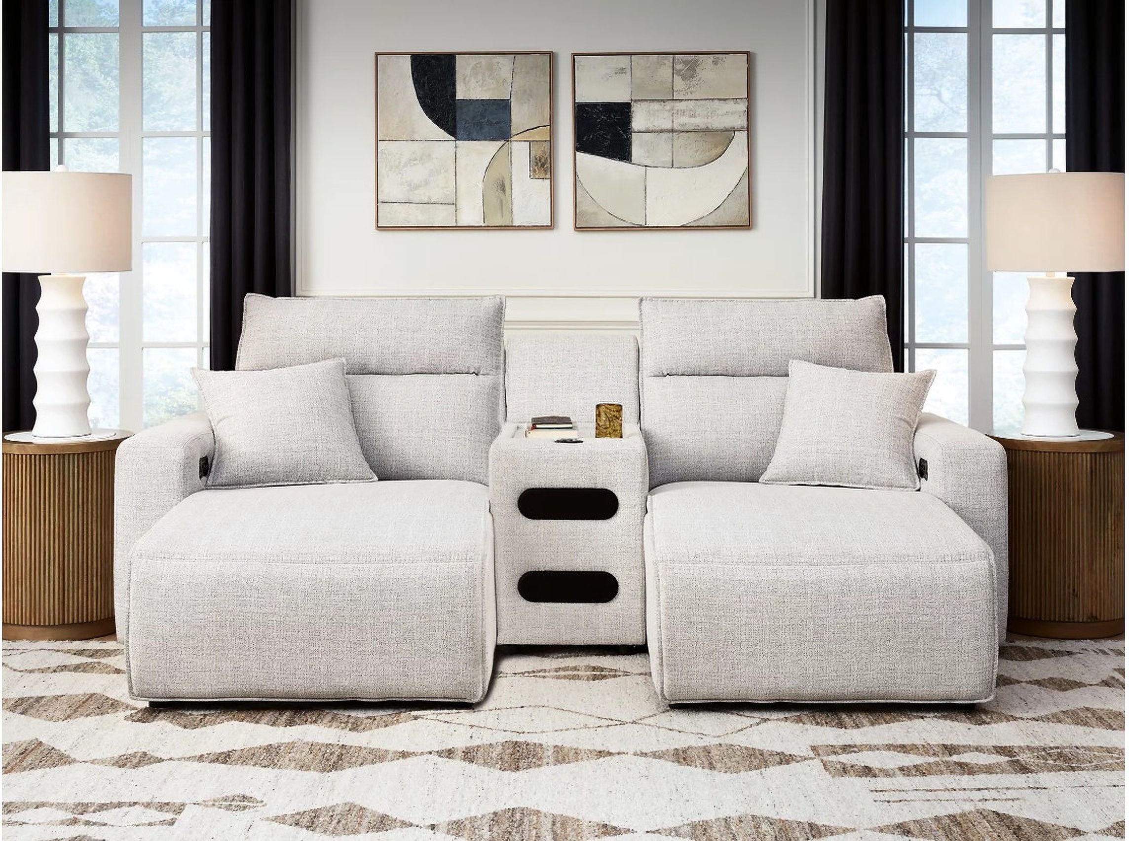 The appearance of ModMax II 3-Piece Power Reclining Sectional with Chaise and Audio Console In Stone designed by Signature Design by Ashley in the modern / contemporary interior design. This stone piece of furniture was selected by 1StopBedrooms from ModMax II Collection to add a touch of cosiness and style into your home. Sku: 6590779;6590760;6590797. Material: Performance Fabric.
