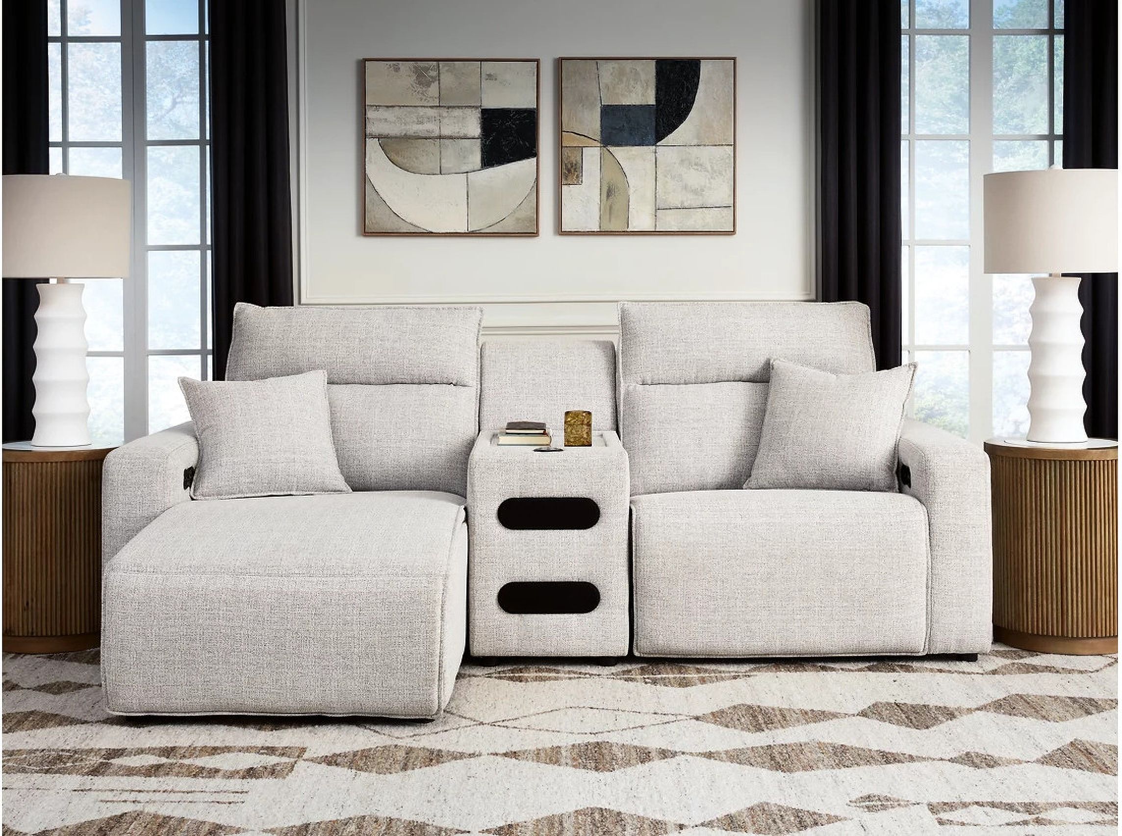 The appearance of ModMax II 3-Piece Power Reclining Sectional with LAF Chaise and Audio Console In Stone designed by Signature Design by Ashley in the modern / contemporary interior design. This stone piece of furniture was selected by 1StopBedrooms from ModMax II Collection to add a touch of cosiness and style into your home. Sku: 6590779;6590760;6590762. Material: Performance Fabric.