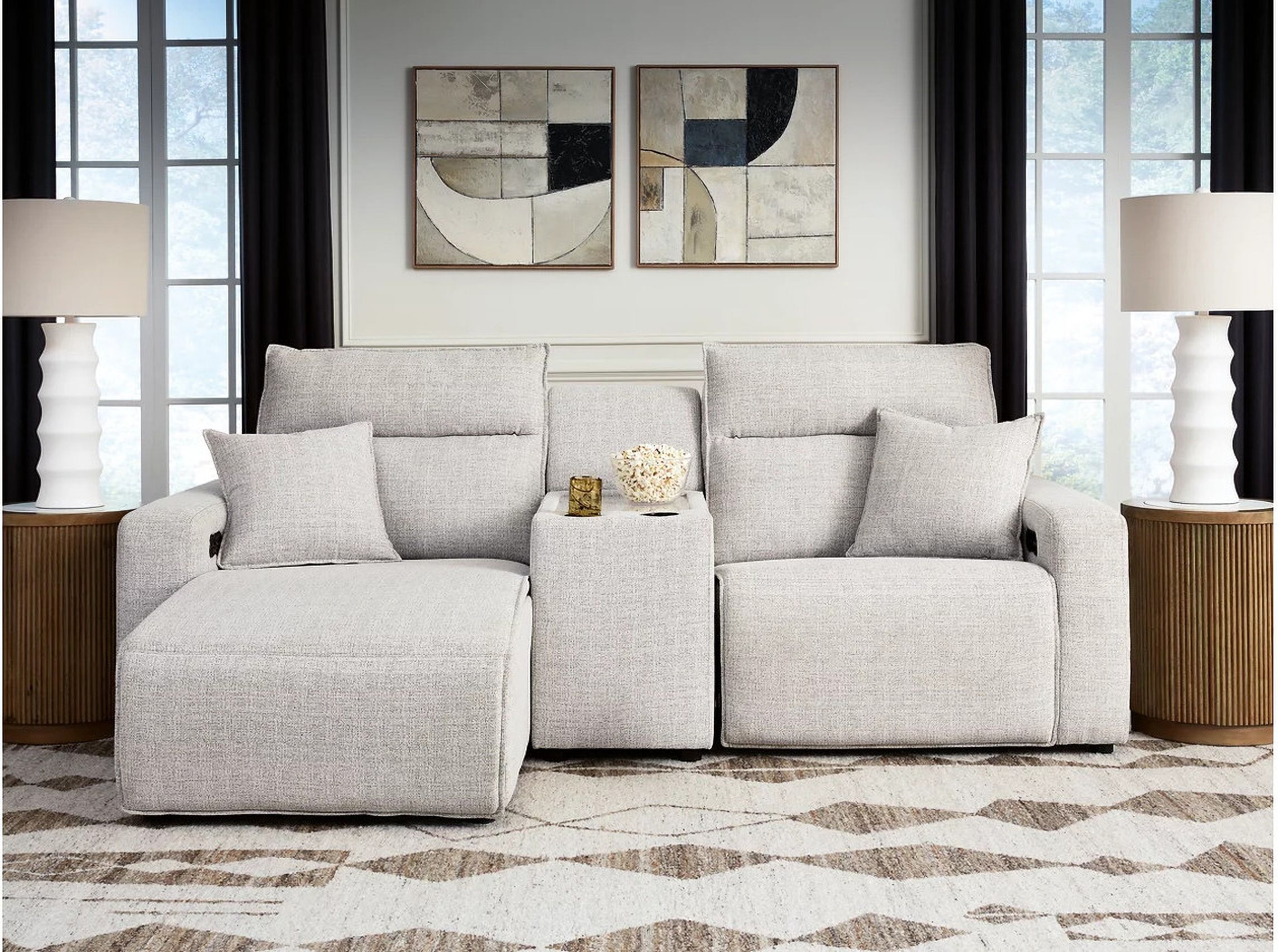 The appearance of ModMax II 3-Piece Power Reclining Sectional with LAF Chaise and Console In Stone designed by Signature Design by Ashley in the modern / contemporary interior design. This stone piece of furniture was selected by 1StopBedrooms from ModMax II Collection to add a touch of cosiness and style into your home. Sku: 6590779;6590757;6590762. Material: Performance Fabric.