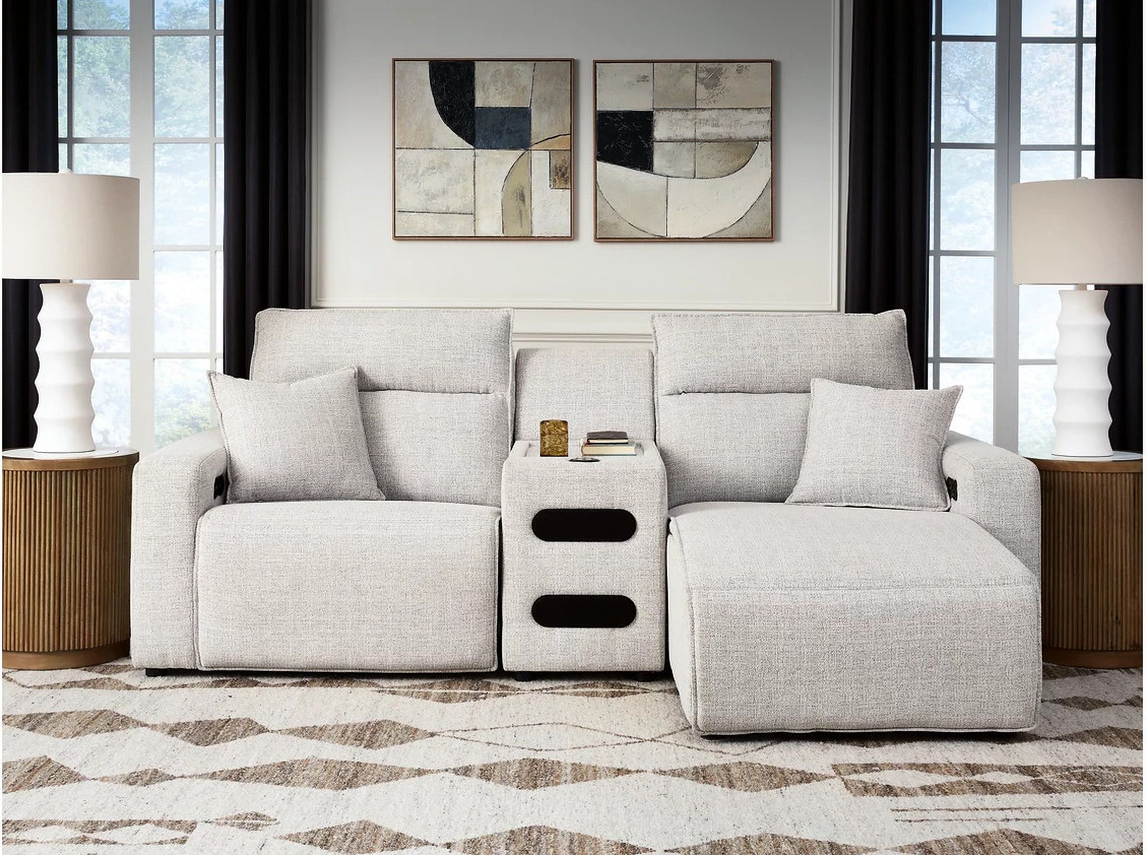 The appearance of ModMax II 3-Piece Power Reclining Sectional with RAF Chaise and Audio Console In Stone designed by Signature Design by Ashley in the modern / contemporary interior design. This stone piece of furniture was selected by 1StopBedrooms from ModMax II Collection to add a touch of cosiness and style into your home. Sku: 6590758;6590760;6590797. Material: Performance Fabric. Layout: RAF.