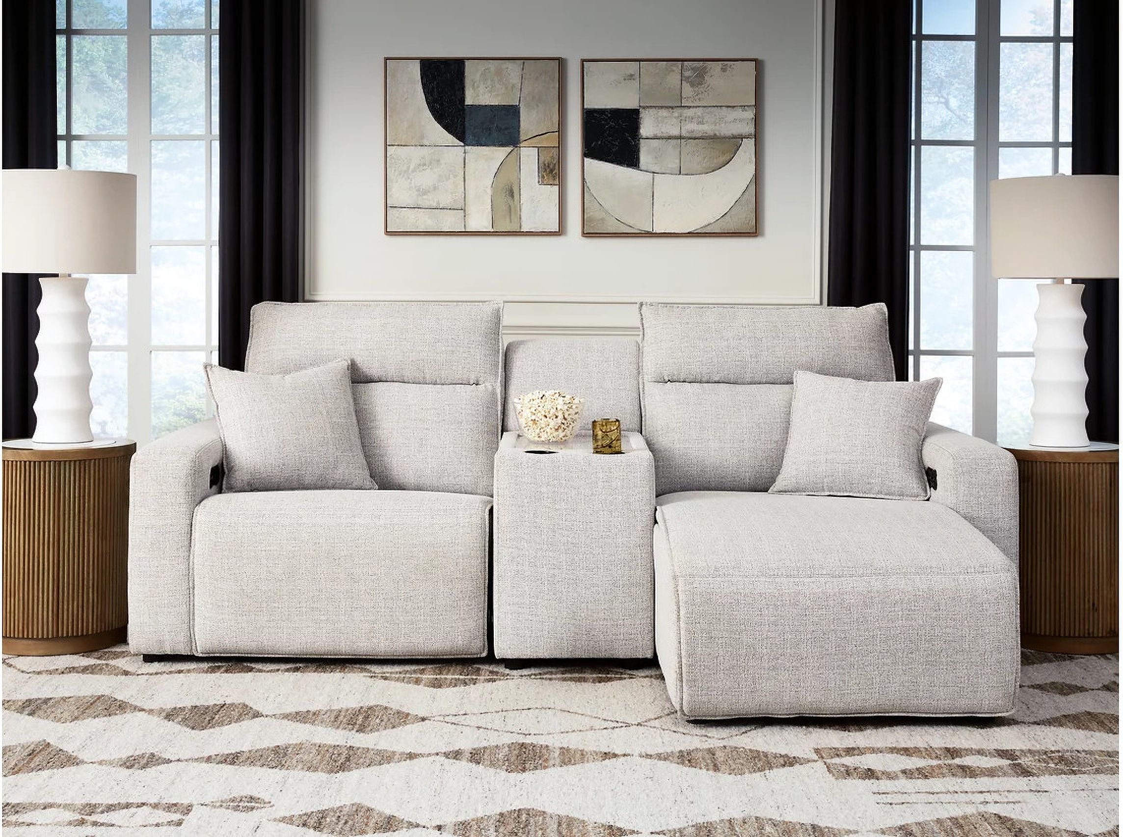 The appearance of ModMax II 3-Piece Power Reclining Sectional with RAF Chaise and Console In Stone designed by Signature Design by Ashley in the modern / contemporary interior design. This stone piece of furniture  was selected by 1StopBedrooms from ModMax II Collection to add a touch of cosiness and style into your home. Sku: 6590758;6590757;6590797. Material: Performance Fabric.