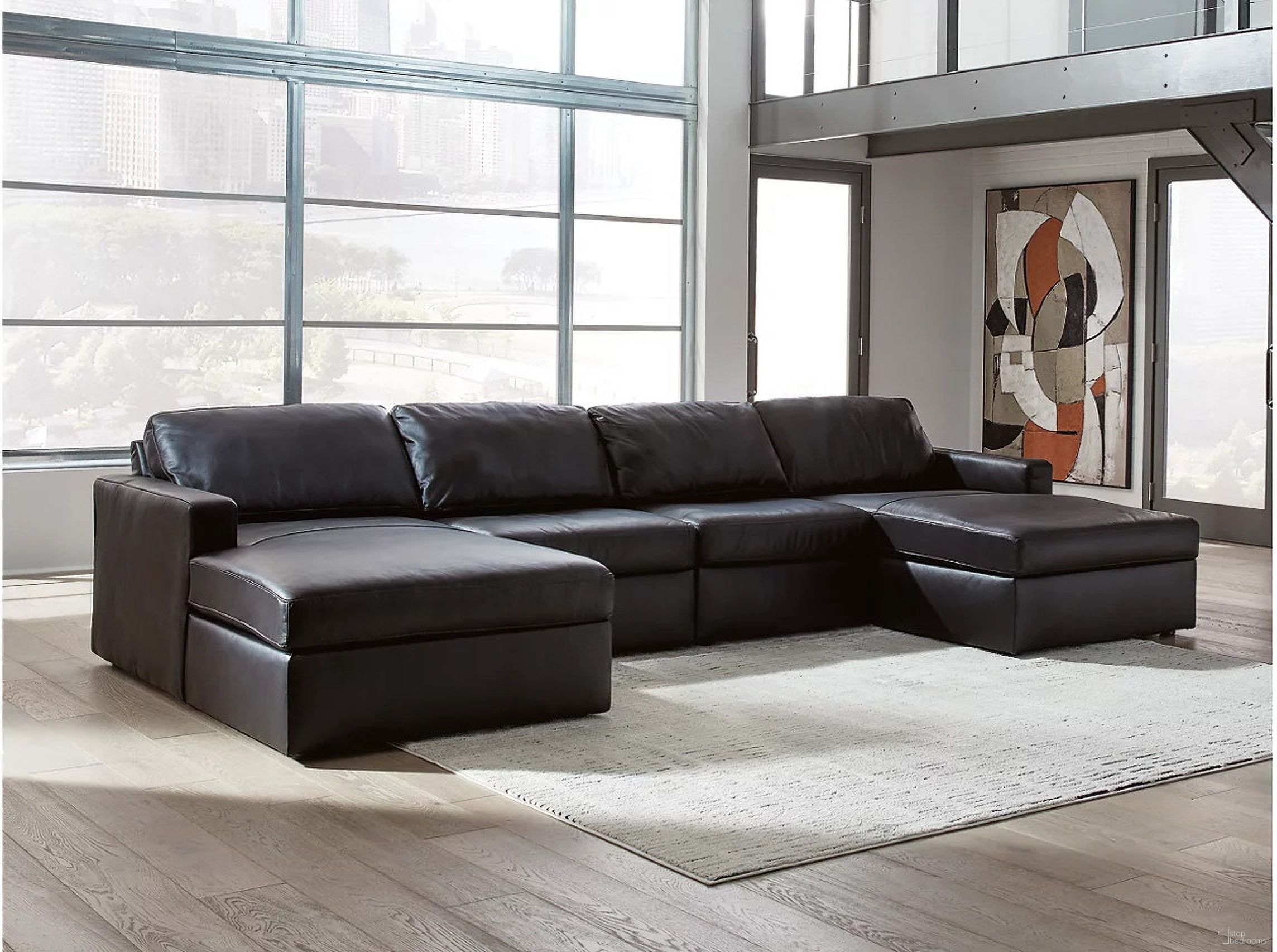 The appearance of ModMax II 4-Piece Double Chaise Sectional In Black designed by Signature Design by Ashley in the modern / contemporary interior design. This black piece of furniture was selected by 1StopBedrooms from ModMax II Collection to add a touch of cosiness and style into your home. Sku: 7430516;7430517;7430546;7430546. Material: Leather.