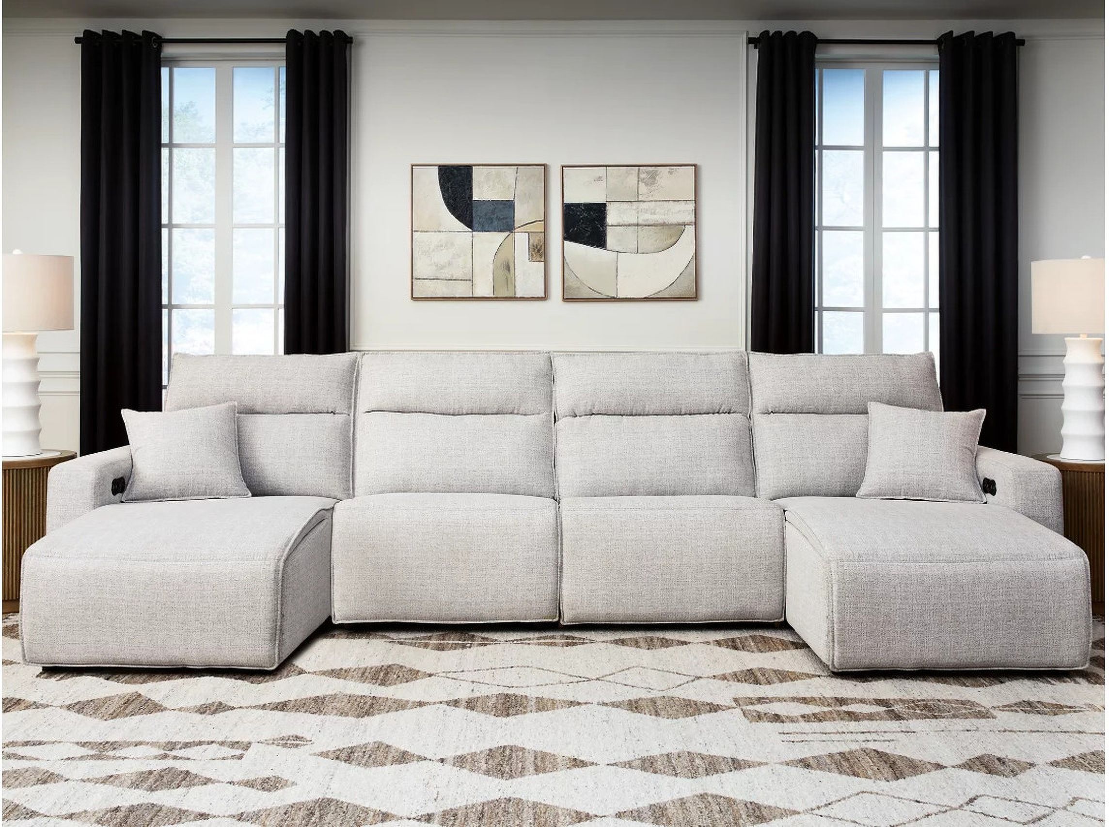The appearance of ModMax II 4-Piece Power Reclining Sectional with Chaise In Stone designed by Signature Design by Ashley in the modern / contemporary interior design. This stone piece of furniture was selected by 1StopBedrooms from ModMax II Collection to add a touch of cosiness and style into your home. Sku: 6590779;6590746;6590746;6590797. Material: Performance Fabric.