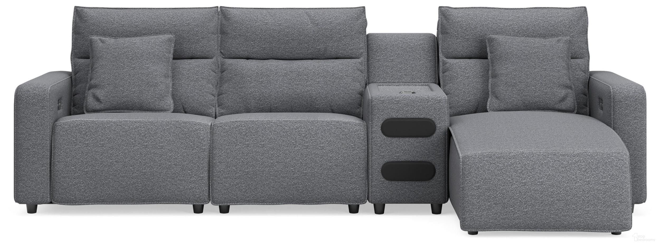 ModMax II 4-Piece Reclining Sectional with RAF Chaise and Audio Console In Salt & Pepper