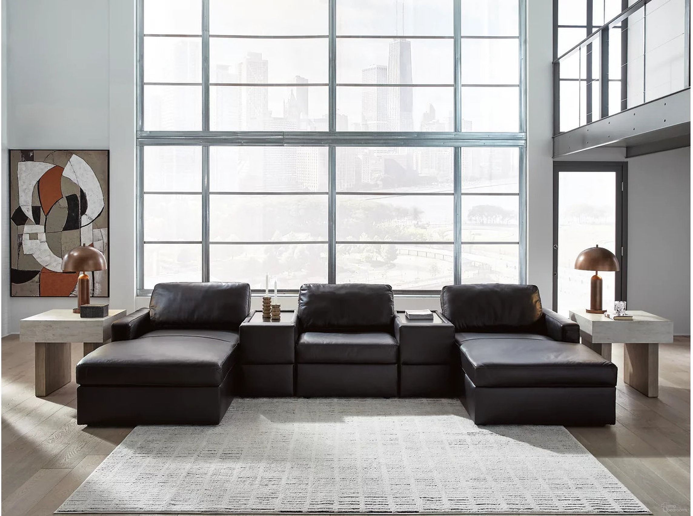The appearance of ModMax II 5-Piece Double Chaise Sectional with Storage Consoles In Black designed by Signature Design by Ashley in the modern / contemporary interior design. This black piece of furniture  was selected by 1StopBedrooms from ModMax II Collection to add a touch of cosiness and style into your home. Sku: 7430516;7430517;7430546;7430557;7430557. Material: Leather.