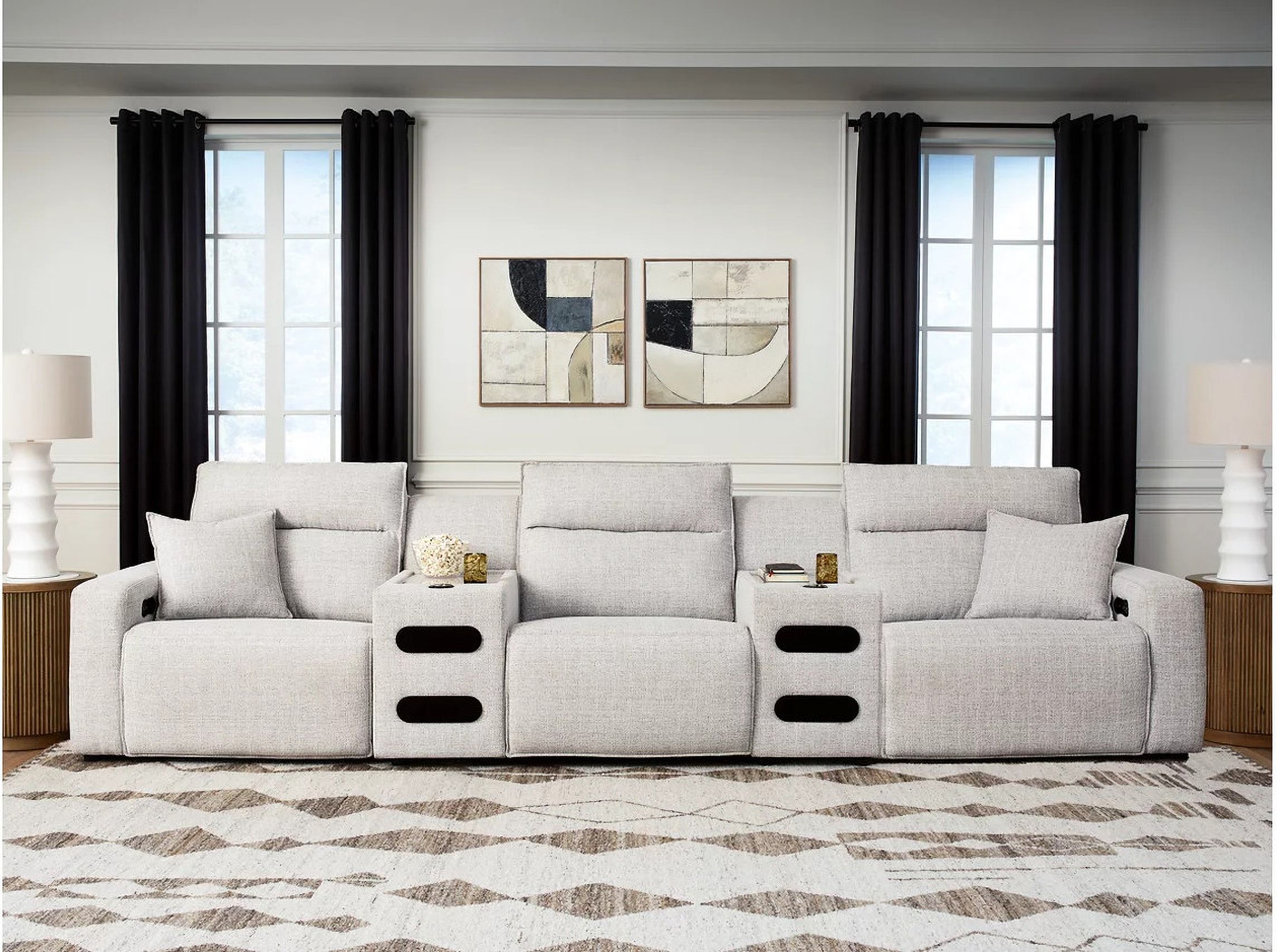 The appearance of ModMax II 5-Piece Power Reclining Sectional with Audio Consoles In Stone designed by Signature Design by Ashley in the modern / contemporary interior design. This stone piece of furniture  was selected by 1StopBedrooms from ModMax II Collection to add a touch of cosiness and style into your home. Sku: 6590758;6590746;6590760;6590760;6590762. Material: Performance Fabric.