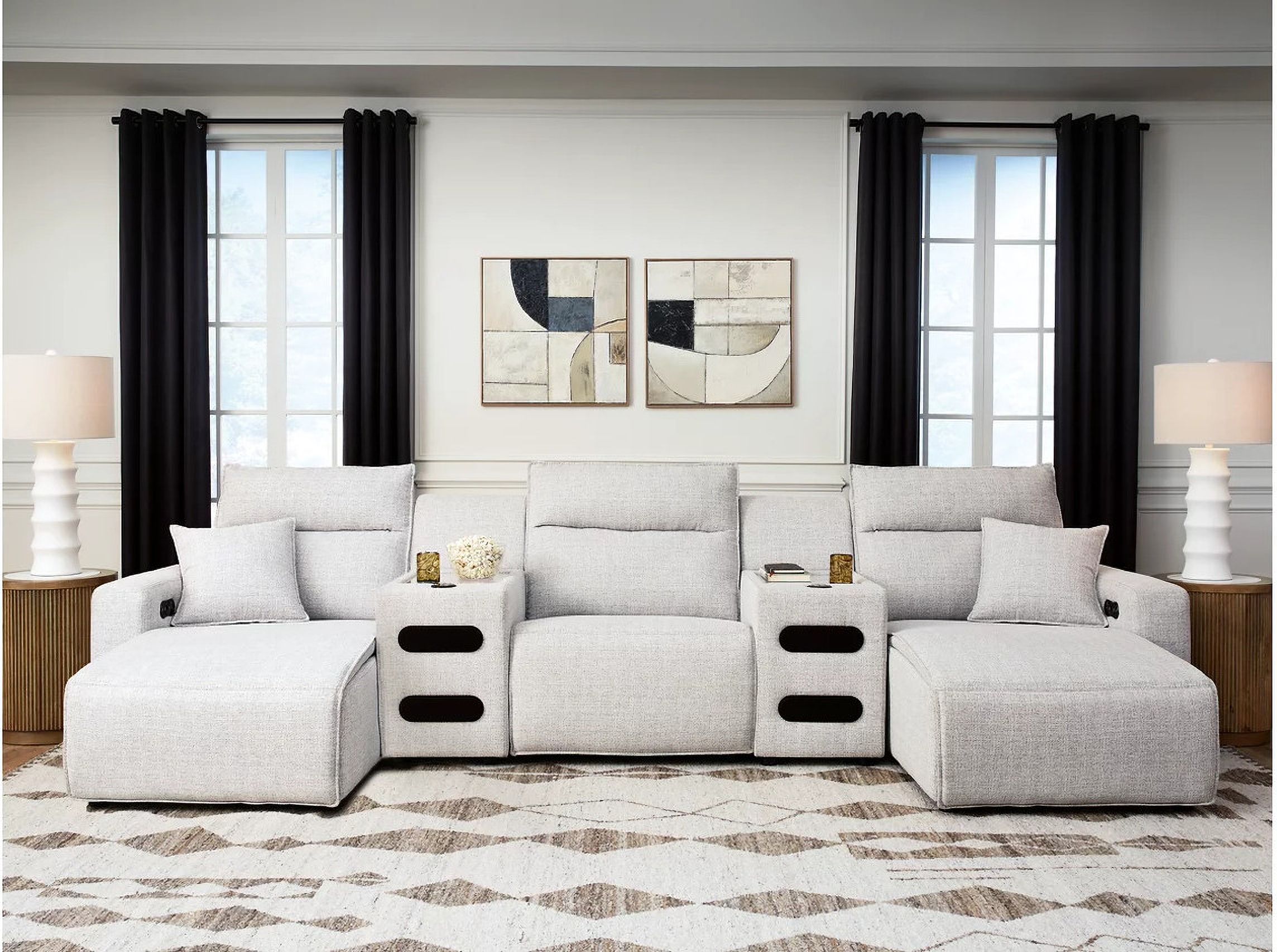 The appearance of ModMax II 5-Piece Power Reclining Sectional with Chaise and Audio Consoles In Stone designed by Signature Design by Ashley in the modern / contemporary interior design. This stone piece of furniture was selected by 1StopBedrooms from ModMax II Collection to add a touch of cosiness and style into your home. Sku: 6590779;6590746;6590760;6590760;6590797. Material: Performance Fabric.