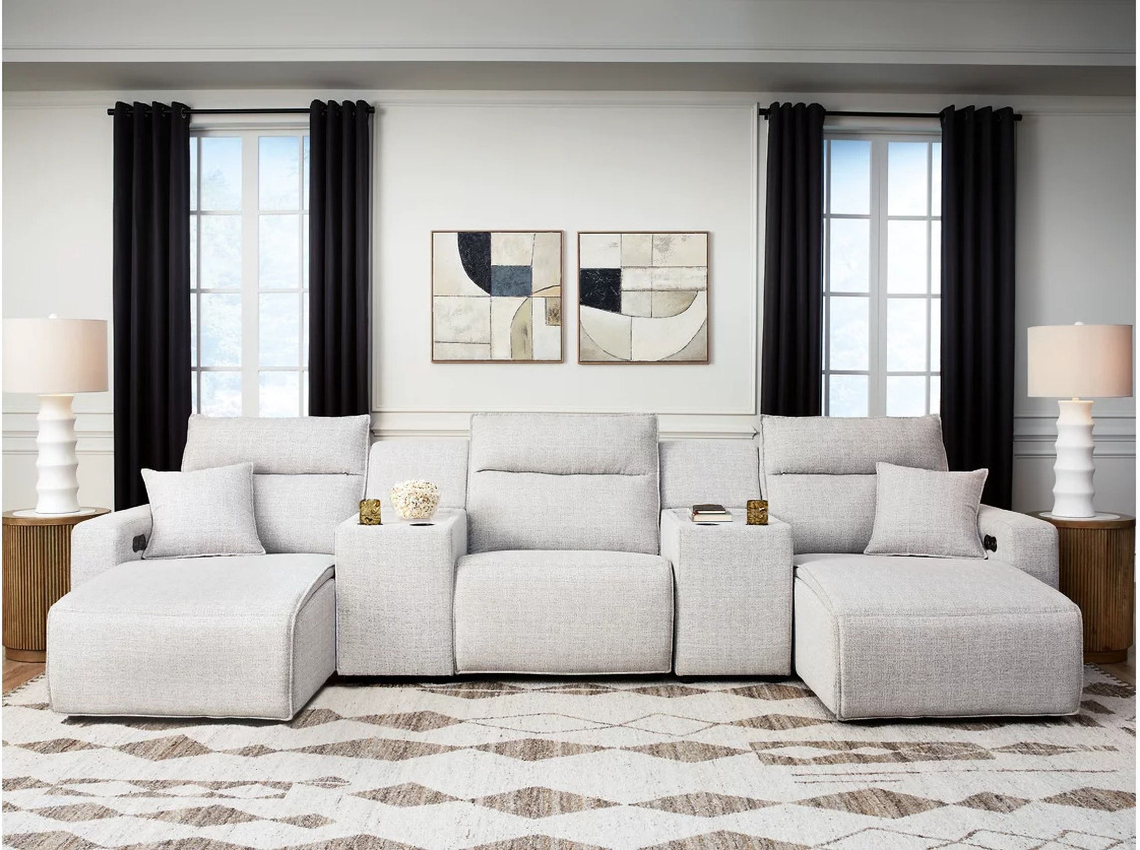 The appearance of ModMax II 5-Piece Power Reclining Sectional with Chaise and Consoles In Stone designed by Signature Design by Ashley in the modern / contemporary interior design. This stone piece of furniture was selected by 1StopBedrooms from ModMax II Collection to add a touch of cosiness and style into your home. Sku: 6590779;6590746;6590757;6590757;6590797. Material: Performance Fabric.