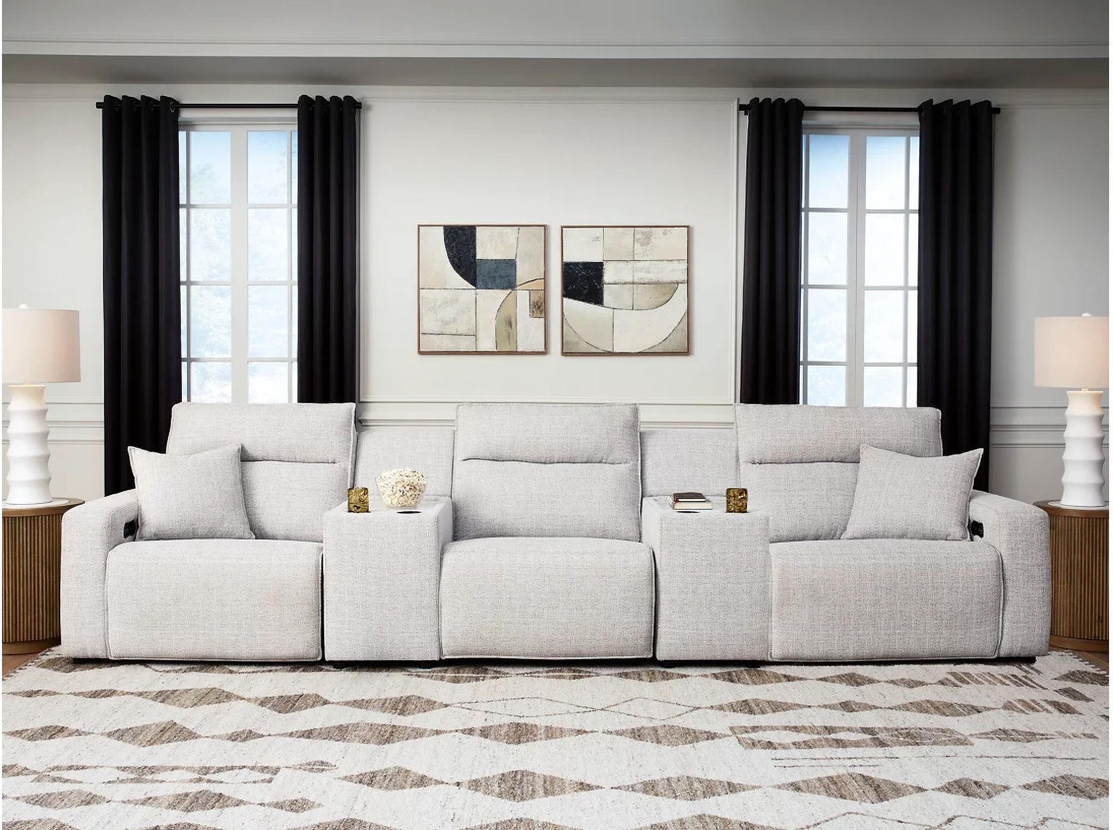 The appearance of ModMax II 5-Piece Power Reclining Sectional with Consoles In Stone designed by Signature Design by Ashley in the modern / contemporary interior design. This stone piece of furniture  was selected by 1StopBedrooms from ModMax II Collection to add a touch of cosiness and style into your home. Sku: 6590758;6590746;6590757;6590757;6590762. Material: Performance Fabric.