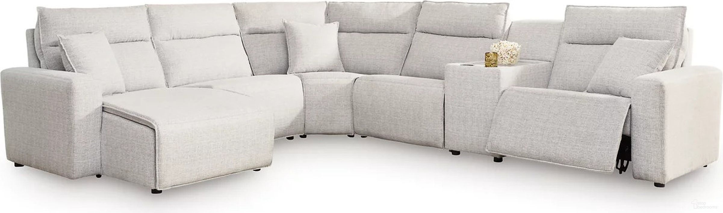 The appearance of ModMax II 6-Piece Power Reclining Sectional with LAF Chaise and Console In Stone designed by Signature Design by Ashley in the modern / contemporary interior design. This stone piece of furniture was selected by 1StopBedrooms from ModMax II Collection to add a touch of cosiness and style into your home. Sku: 6590779;6590731;6590746;6590757;6590777;6590762. Material: Performance Fabric.