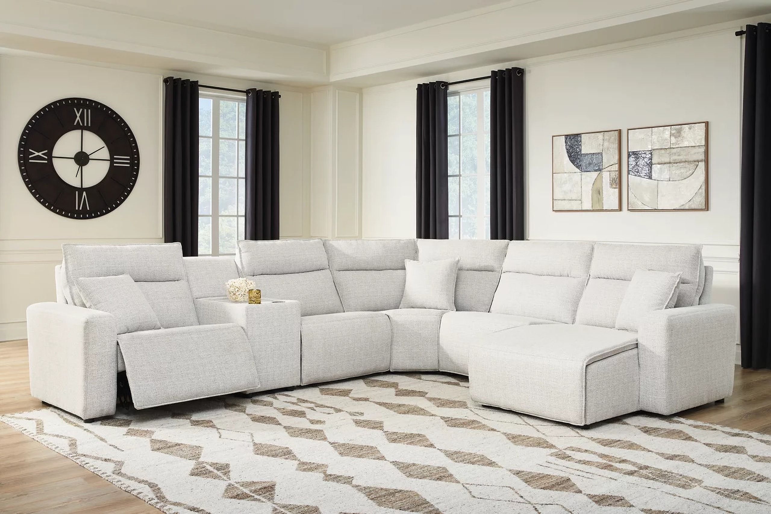The appearance of ModMax II 6-Piece Power Reclining Sectional with RAF Chaise and Console In Stone designed by Signature Design by Ashley in the modern / contemporary interior design. This stone piece of furniture was selected by 1StopBedrooms from ModMax II Collection to add a touch of cosiness and style into your home. Sku: 6590758;6590731;6590746;6590757;6590777;6590797. Material: Performance Fabric.