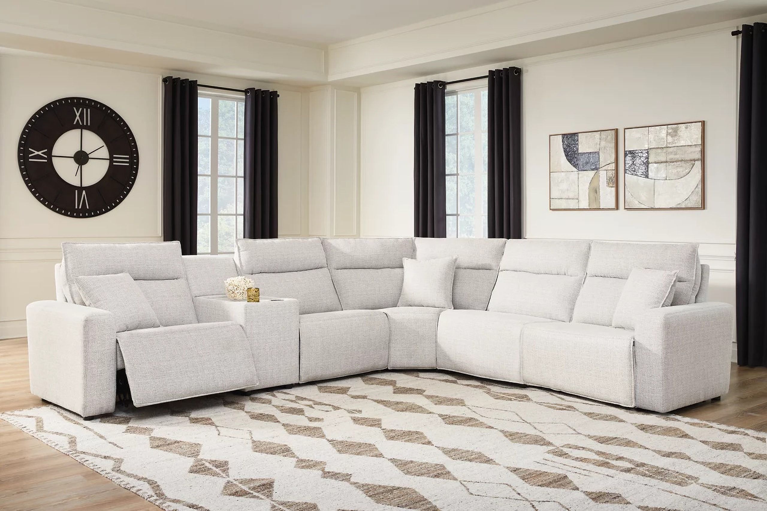 The appearance of ModMax II 6-Piece Reclining Sectional with Console In Stone designed by Signature Design by Ashley in the modern / contemporary interior design. This stone piece of furniture was selected by 1StopBedrooms from ModMax II Collection to add a touch of cosiness and style into your home. Sku: 6590758;6590731;6590746;6590757;6590777;6590762. Material: Performance Fabric. Layout: L-Shape.