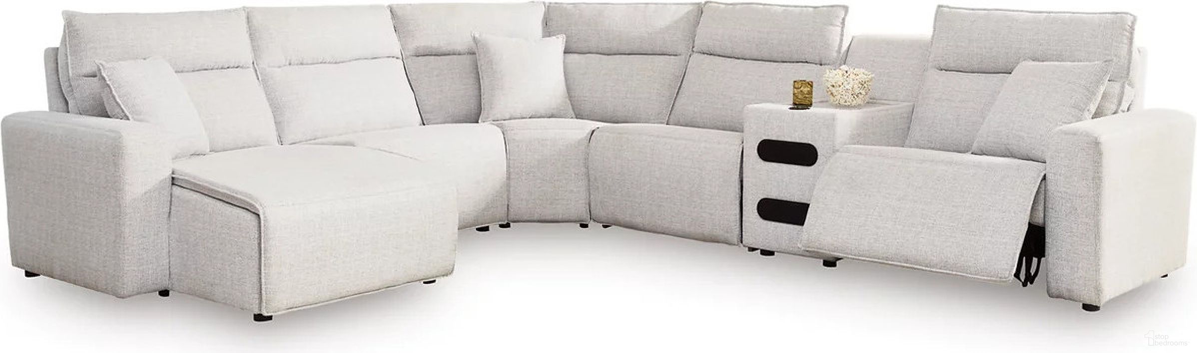 The appearance of ModMax II 6-Piece Reclining Sectional with LAF Chaise and Audio Console In Stone designed by Signature Design by Ashley in the modern / contemporary interior design. This stone piece of furniture was selected by 1StopBedrooms from ModMax II Collection to add a touch of cosiness and style into your home. Sku: 6590779;6590731;6590746;6590760;6590777;6590762. Material: Performance Fabric.