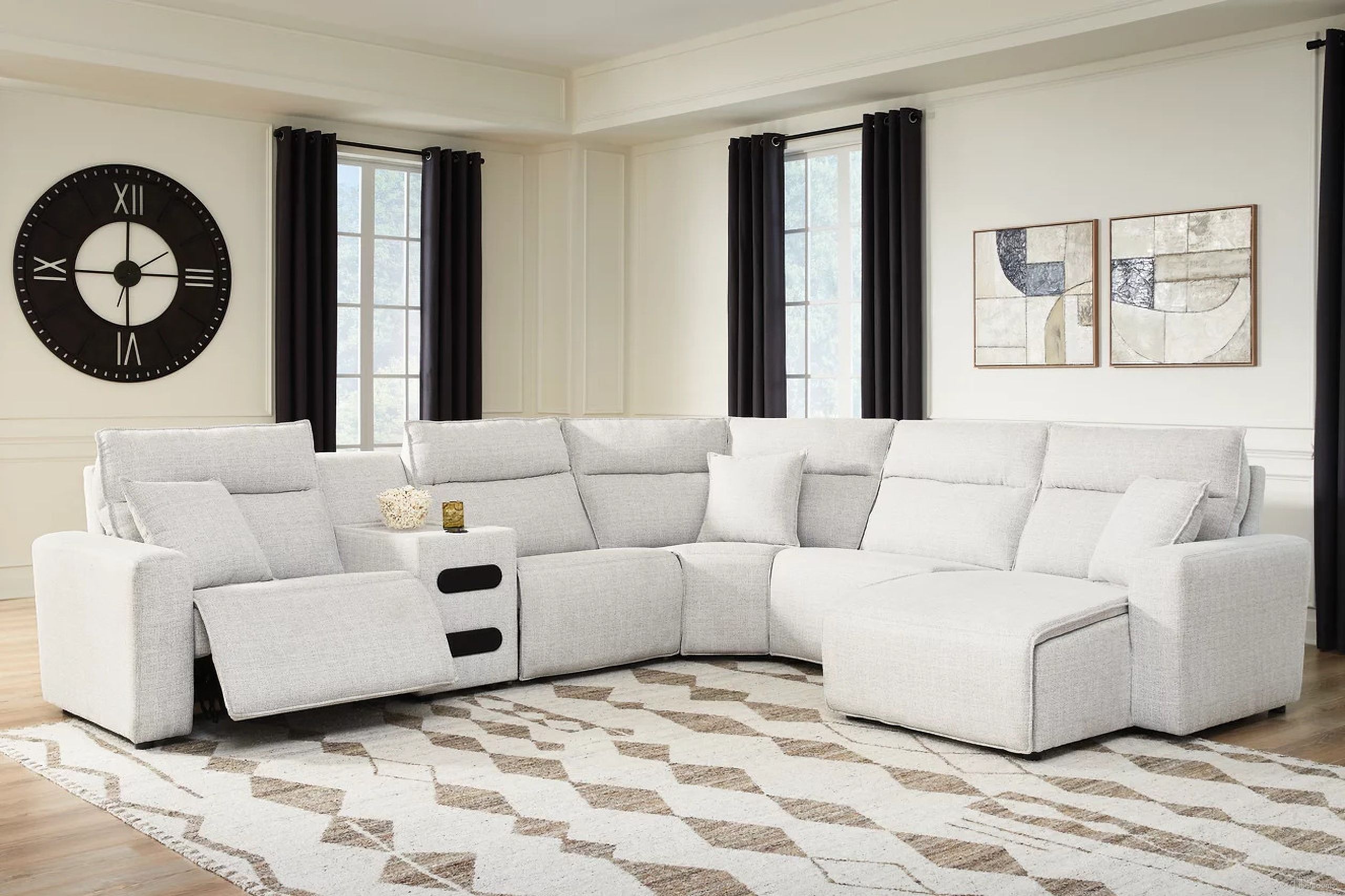 The appearance of ModMax II 6-Piece Reclining Sectional with RAF Chaise and Audio Console In Stone designed by Signature Design by Ashley in the modern / contemporary interior design. This stone piece of furniture  was selected by 1StopBedrooms from ModMax II Collection to add a touch of cosiness and style into your home. Sku: 6590758;6590731;6590746;6590760;6590777;6590797. Material: Performance Fabric.