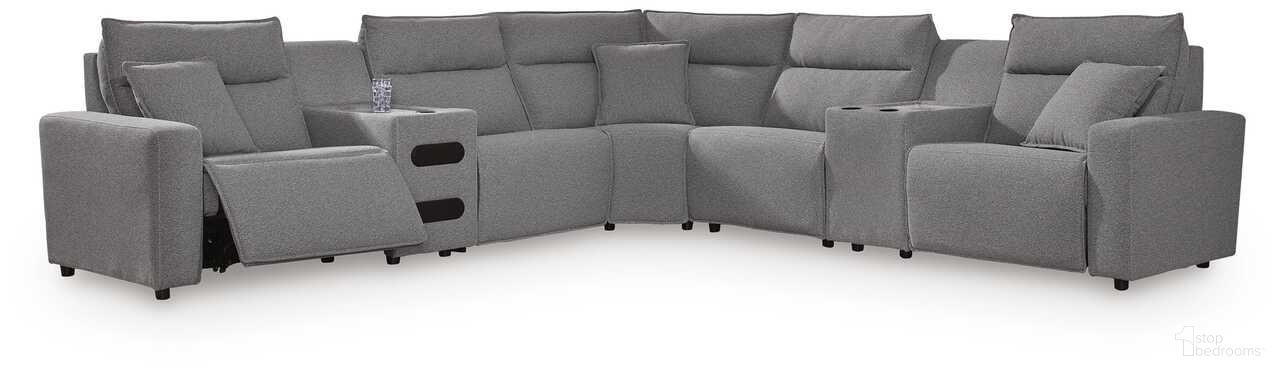 The appearance of Modmax II 7-Piece Power Reclining Sectional with Audio Consoles In Salt and Pepper designed by Signature Design by Ashley in the modern / contemporary interior design. This salt & pepper piece of furniture  was selected by 1StopBedrooms from ModMax II Collection to add a touch of cosiness and style into your home. Sku: 6590658;6590660;6590631;6590677;6590631;6590657;6590662. Material: Fabric. Layout: L-Shape.