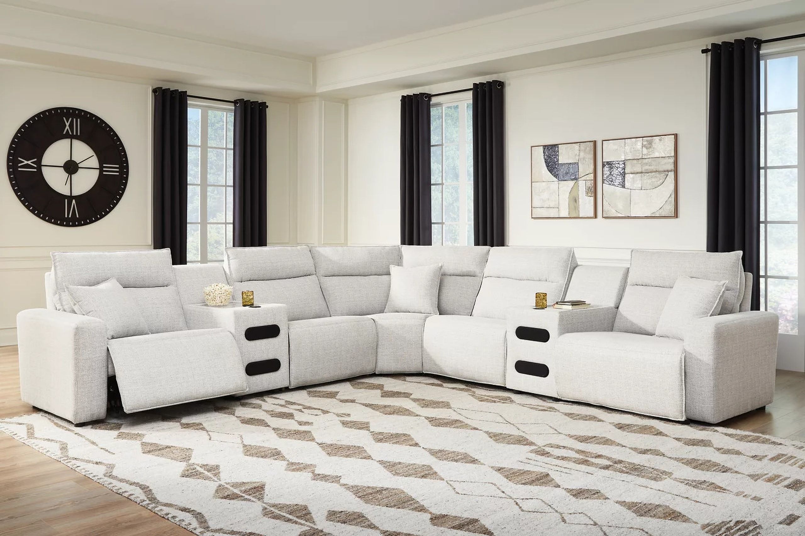 The appearance of ModMax II 7-Piece Power Reclining Sectional with Chaise and Audio Consoles In Stone designed by Signature Design by Ashley in the modern / contemporary interior design. This stone piece of furniture was selected by 1StopBedrooms from ModMax II Collection to add a touch of cosiness and style into your home. Sku: 6590758;6590731;6590746;6590760;6590760;6590777;6590762. Material: Performance Fabric. Layout: L-Shape.