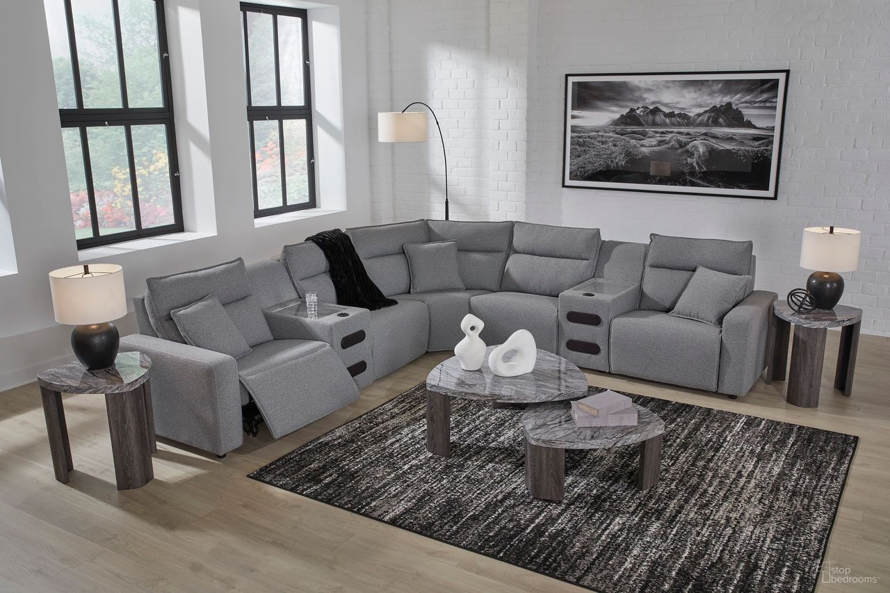 The appearance of Modmax II 7-Piece Power Reclining Sectional with LAF Chaise and Audio Console In Salt and Pepper designed by Signature Design by Ashley in the modern / contemporary interior design. This salt & pepper piece of furniture was selected by 1StopBedrooms from ModMax II Collection to add a touch of cosiness and style into your home. Sku: 6590679;6590660;6590631;6590677;6590646;6590657;6590662. Material: Fabric. Layout: LAF.
