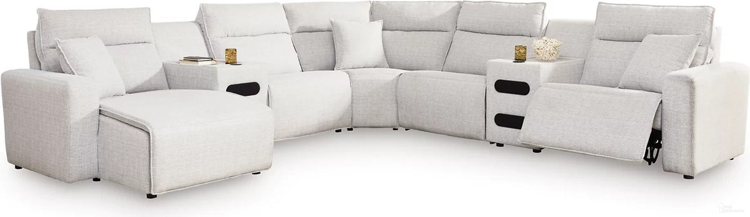 The appearance of ModMax II 7-Piece Power Reclining Sectional with LAF Chaise and Audio Consoles In Stone designed by Signature Design by Ashley in the modern / contemporary interior design. This stone piece of furniture was selected by 1StopBedrooms from ModMax II Collection to add a touch of cosiness and style into your home. Sku: 6590779;6590731;6590746;6590760;6590760;6590777;6590762. Material: Performance Fabric.