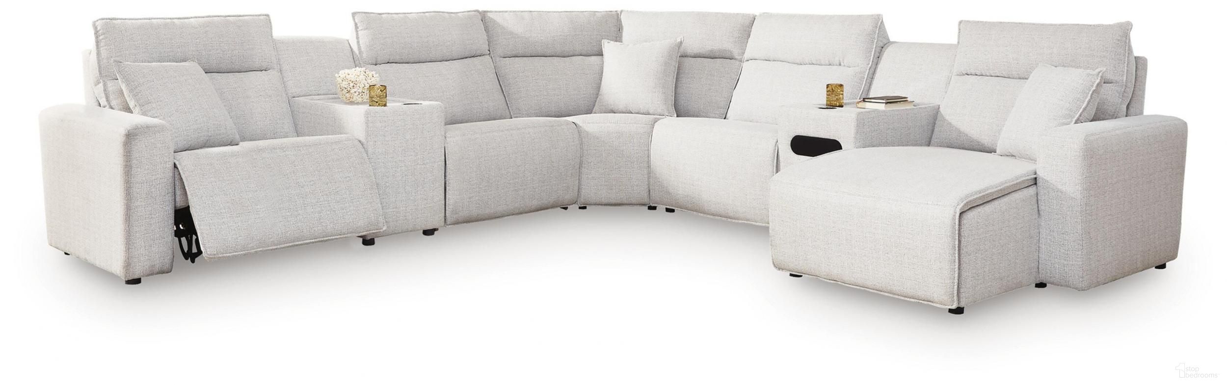 The appearance of Modmax II 7-Piece Power Reclining Sectional with RAF Chaise and Audio Console In Stone designed by Signature Design by Ashley in the modern / contemporary interior design. This stone piece of furniture was selected by 1StopBedrooms from ModMax II Collection to add a touch of cosiness and style into your home. Sku: 6590758;6590757;6590746;6590777;6590731;6590760;6590797. Material: Fabric. Layout: RAF.