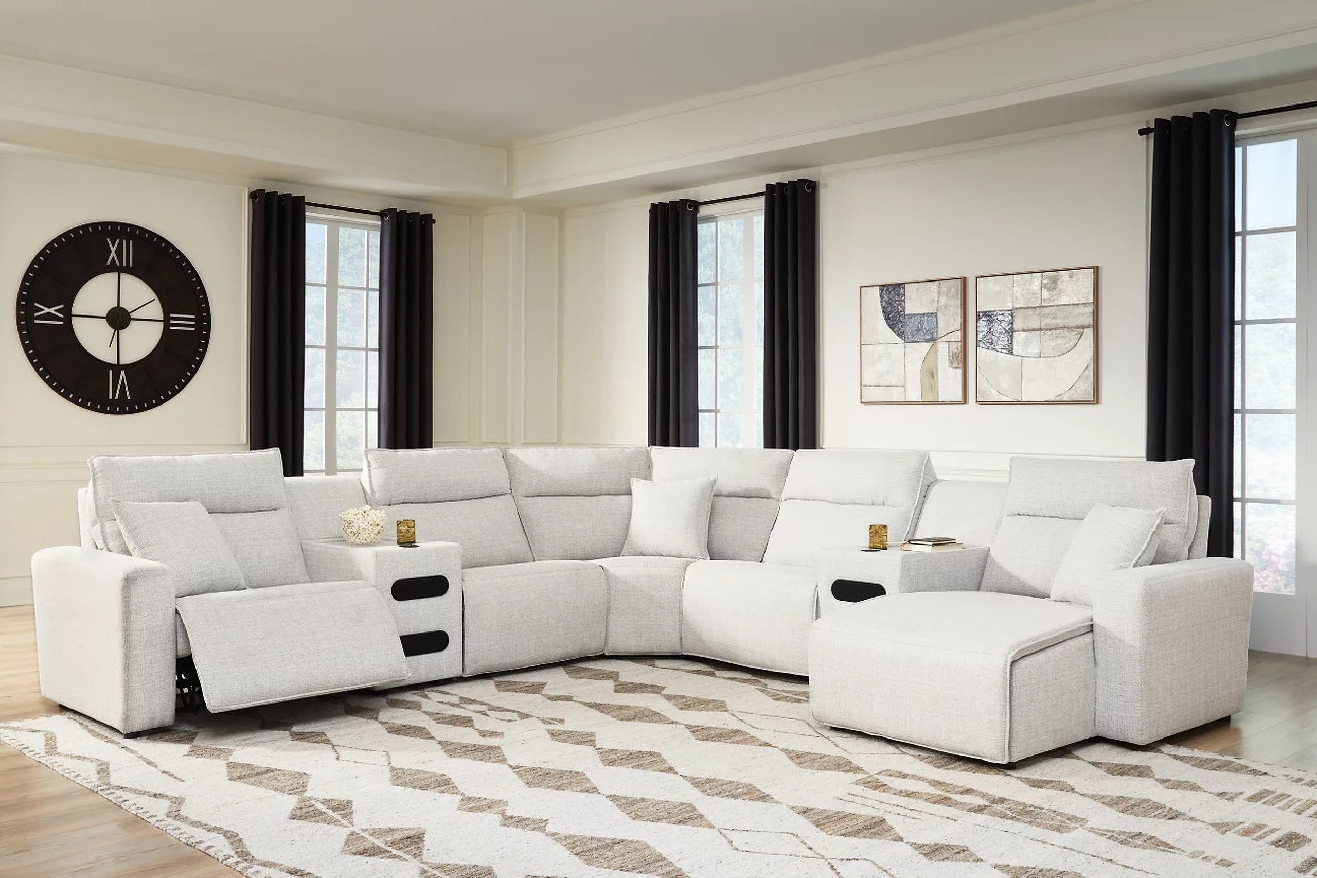 The appearance of ModMax II 7-Piece Power Reclining Sectional with RAF Chaise and Audio Consoles In Stone designed by Signature Design by Ashley in the modern / contemporary interior design. This stone piece of furniture was selected by 1StopBedrooms from ModMax II Collection to add a touch of cosiness and style into your home. Sku: 6590758;6590731;6590746;6590760;6590760;6590777;6590797. Material: Performance Fabric.