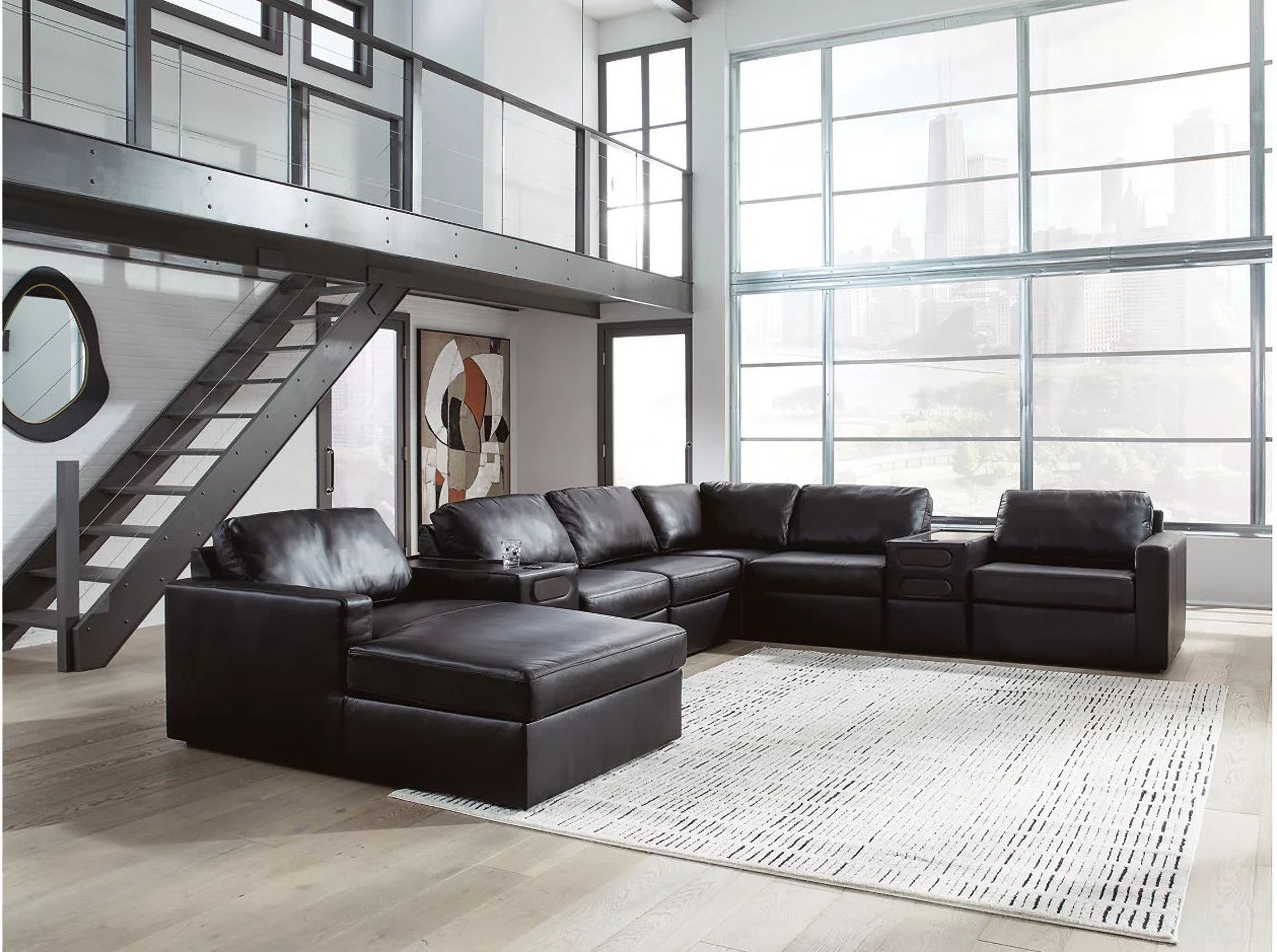 The appearance of ModMax II 8-Piece LAF Sectional with Chaise and Audio Consoles In Black designed by Signature Design by Ashley in the modern / contemporary interior design. This black piece of furniture was selected by 1StopBedrooms from ModMax II Collection to add a touch of cosiness and style into your home. Sku: 7430516;7430527;7430527;7430546;7430546;7430546;7430565;7430577. Material: Leather. Orientation: LAF.