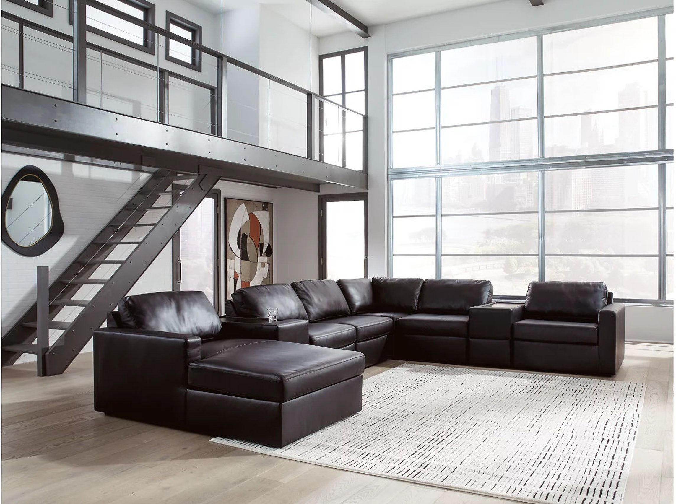 The appearance of ModMax II 8-Piece LAF Sectional with Chaise and Storage Consoles In Black designed by Signature Design by Ashley in the modern / contemporary interior design. This black piece of furniture was selected by 1StopBedrooms from ModMax II Collection to add a touch of cosiness and style into your home. Sku: 7430516;7430546;7430546;7430546;7430557;7430557;7430565;7430577. Material: Leather. Orientation: LAF.
