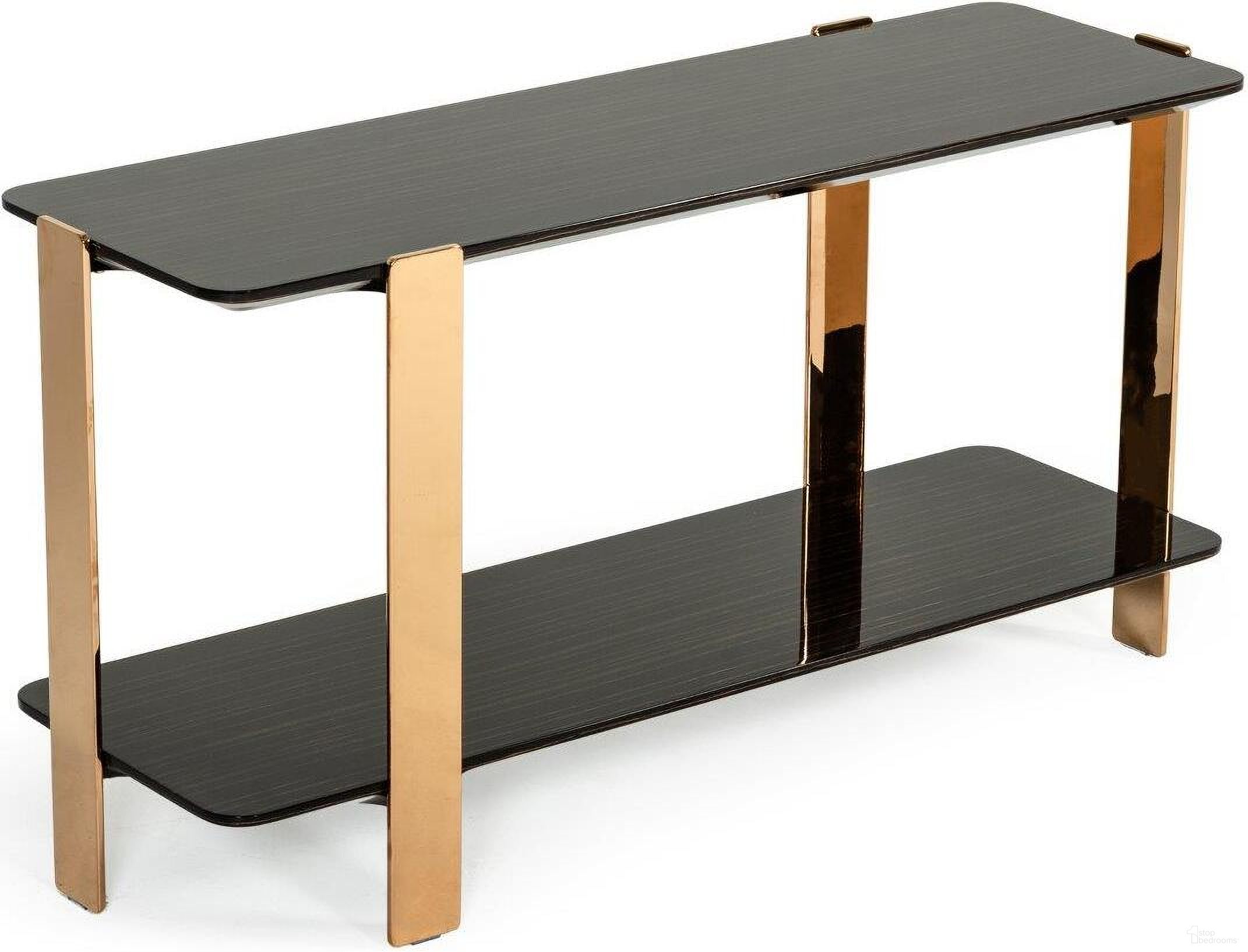 The appearance of Modrest Leroy Modern Ebony And Rosegold Console Table designed by VIG Furniture in the modern / contemporary interior design. This ebony piece of furniture was selected by 1StopBedrooms from Modrest Leroy Collection to add a touch of cosiness and style into your home. Sku: VGHB280X-EBN. Material: Stainless Steel.