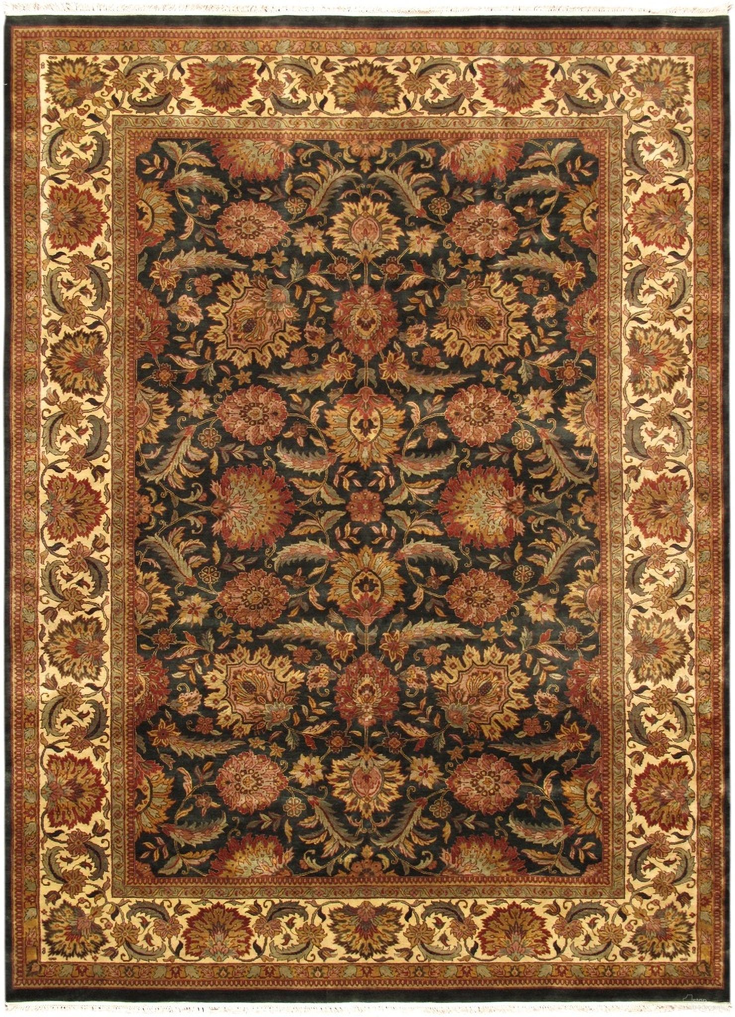 Mogul Art Agra Collection Hand-Knotted Lamb's Wool Area Rug- 10' 2" x 14' In Ivory and Green