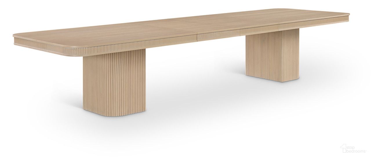 The appearance of Mohari 112 Inch Solid Wood and Oak Veneer Dining Table In Natural designed by Meridian in the modern / contemporary interior design. This natural piece of furniture  was selected by 1StopBedrooms from Mohari Collection to add a touch of cosiness and style into your home. Sku: 747Oak-T Box 1/3 (Top);747Oak-T Box 2/3 (Base1);747Oak-T Box 3/3 (Base2). Table Base Style: Double Pedestal. Table Top Shape: Rectangular. Material: Acacia Wood. Size: 48" x 112".