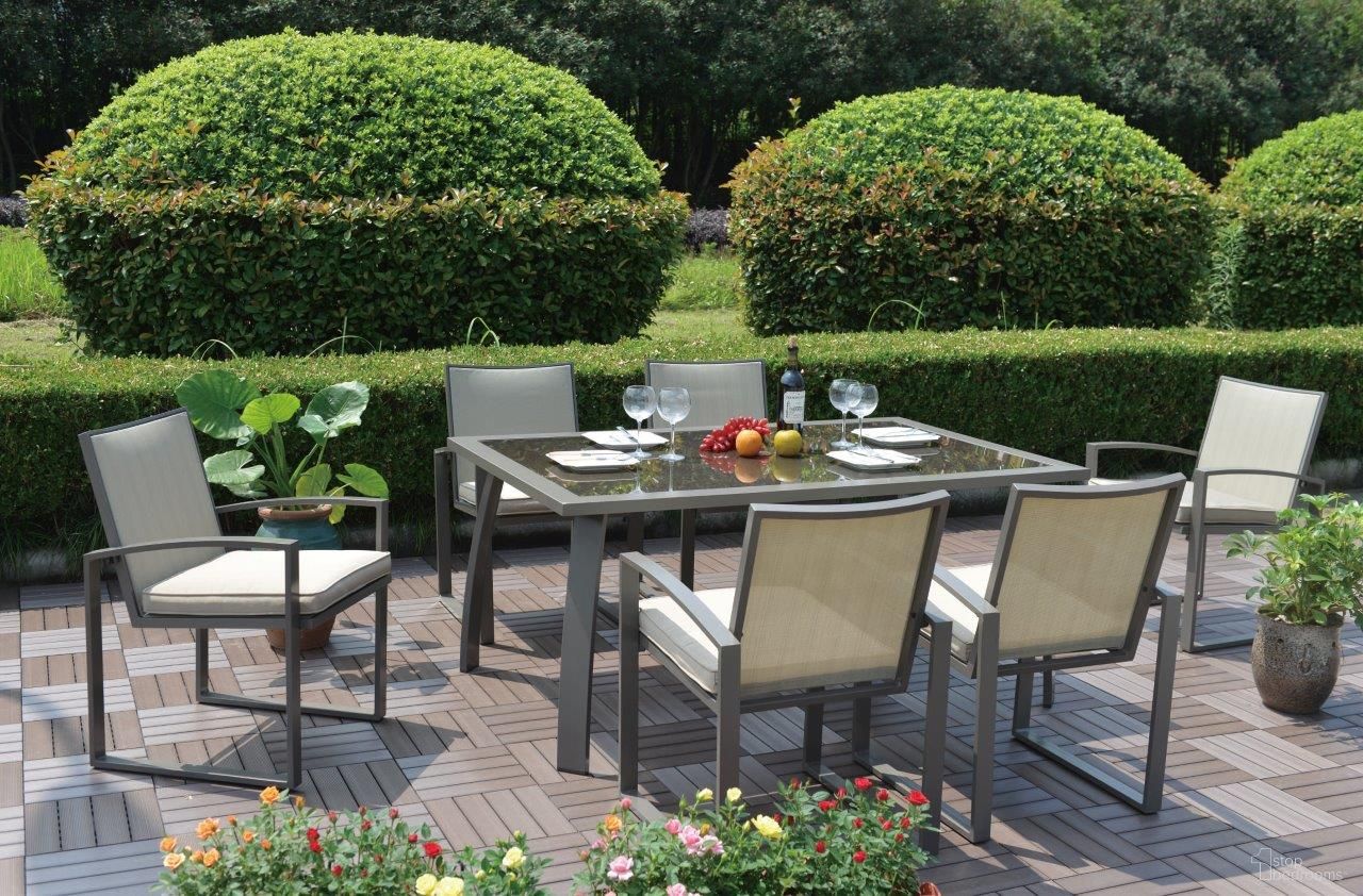 The appearance of Moldova 7-Piece Dining Set In Gray designed by Pelican Reef in the traditional interior design. This gray piece of furniture  was selected by 1StopBedrooms from Moldova Collection to add a touch of cosiness and style into your home. Sku: PRP-8501-GRY-7PC. Table Base Style: Legs. Material: Aluminum. Table Top Shape: Rectangular.