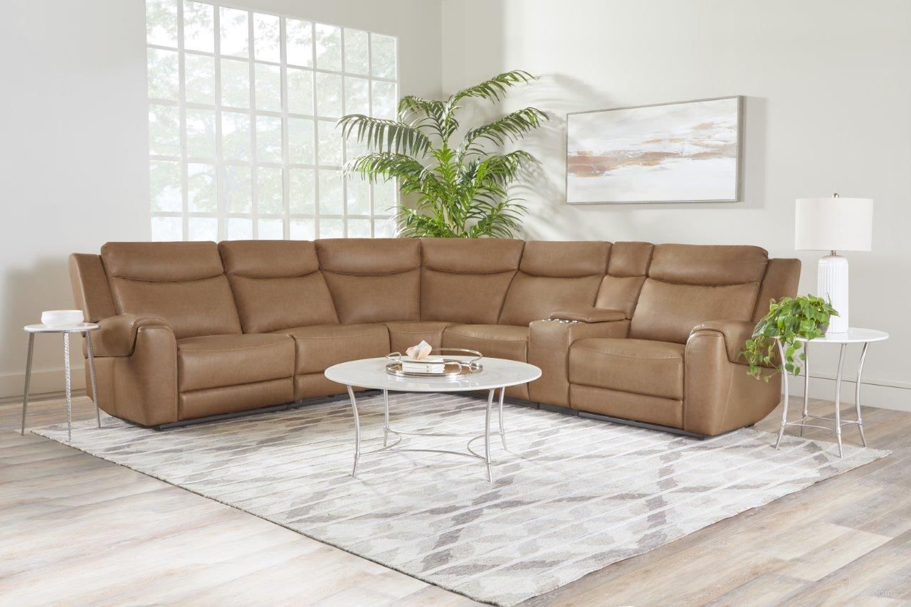 The appearance of Momentum 6 Piece Modular Power Reclining Sectional with Power Adjustable Headrest In Cashew designed by Parker House in the traditional interior design. This cashew piece of furniture was selected by 1StopBedrooms from Momentum Collection to add a touch of cosiness and style into your home. Sku: MMTM#810PHZ-CSHW;MMTM#811LPHLZ-HM-CSHW;MMTM#811RPHLZ-HM-CSHW;MMTM#840-CSHW;MMTM#850-CSHW;MMTM#860S-CSHW. Material: Leather.