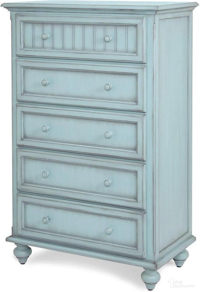 The appearance of Monaco 5 Drawer Chest In Blue designed by Sea Winds Trading in the transitional interior design. This blue piece of furniture was selected by 1StopBedrooms from Monaco Collection to add a touch of cosiness and style into your home. Sku: B81835-BLEU. Material: Wood.
