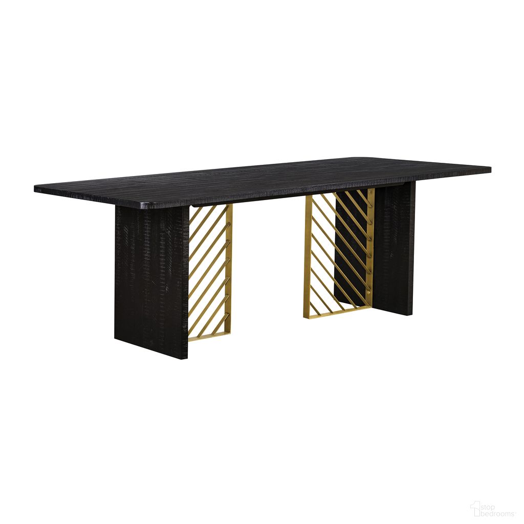 The appearance of Monaco Black Wood Dining Table with Antique Brass Accent designed by Armen Living in the modern / contemporary interior design. This black piece of furniture  was selected by 1StopBedrooms from Monaco Collection to add a touch of cosiness and style into your home. Sku: LCMODIBL. Table Base Style: Double Pedestal. Material: Wood. Table Top Shape: Rectangular. Size: 39" x 87".