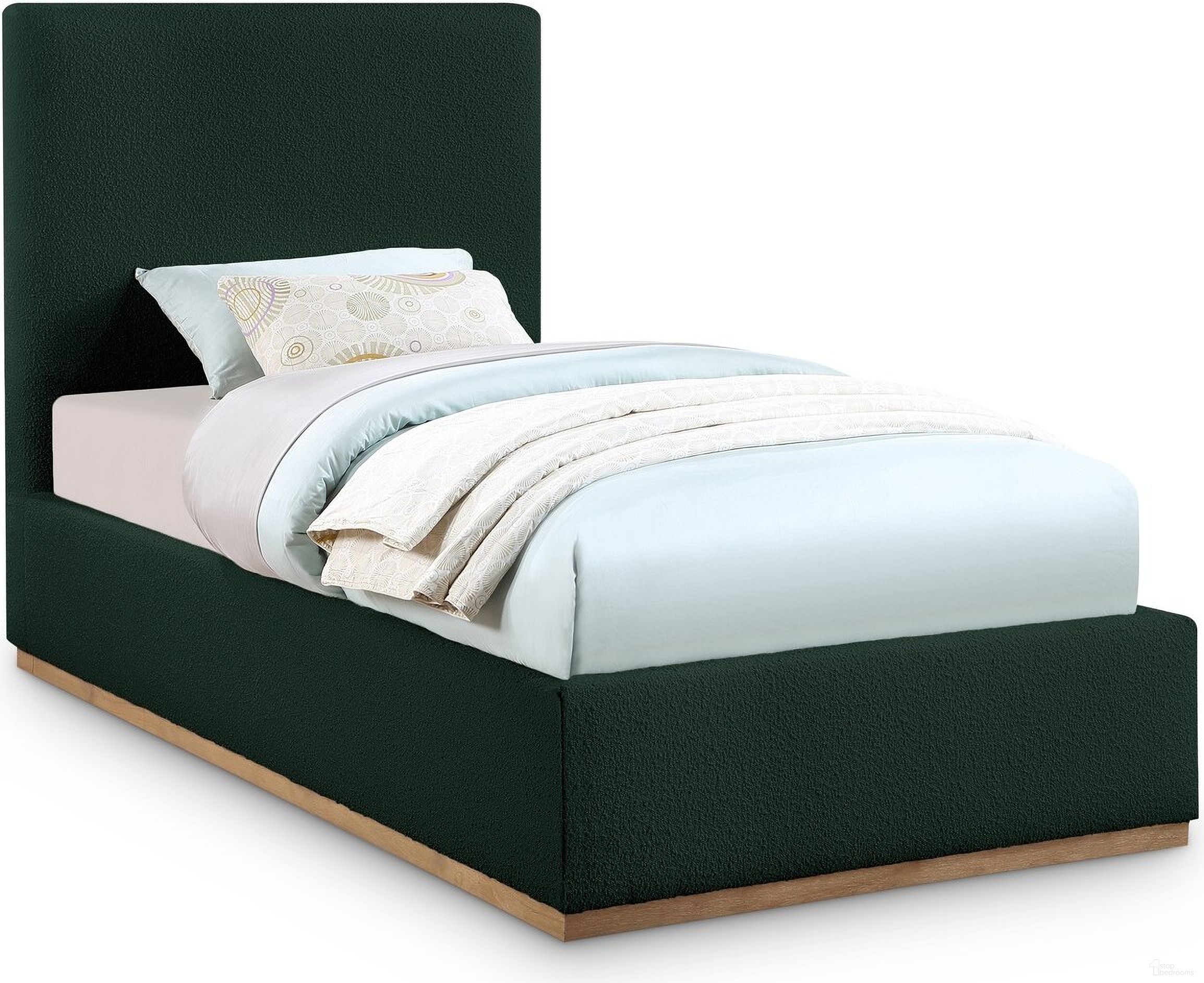 The appearance of Monaco Boucle Fabric Twin Bed In Green designed by Meridian in the modern / contemporary interior design. This green piece of furniture was selected by 1StopBedrooms from Monaco Collection to add a touch of cosiness and style into your home. Sku: MonacoGreen-T Box 1/2 (Headboard);MonacoGreen-T Box 2/2 (Footboard / Rails / Slats). Bed Type: Panel Bed. Bed Size: Twin. Material: Rubberwood.